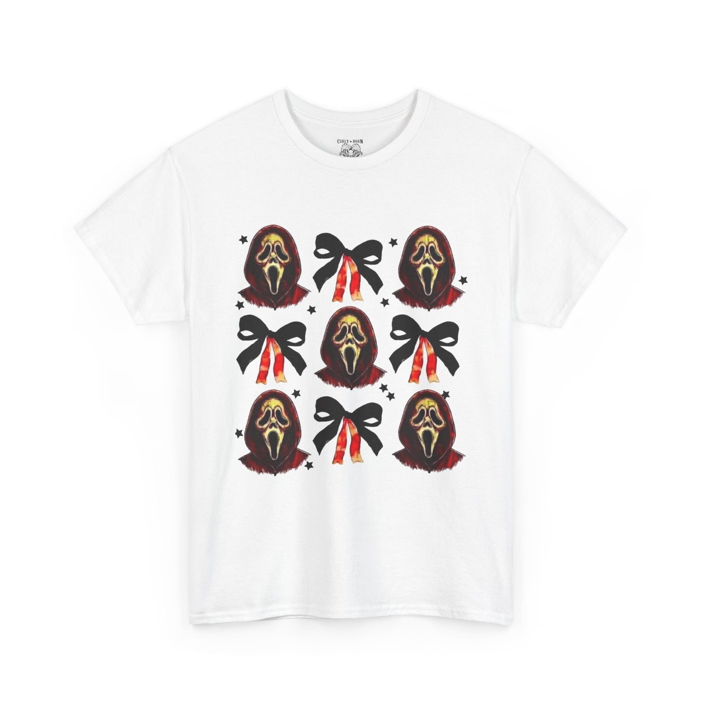Ghost Face with Bows Design, Fun Graphic Tee, Gift for Him/Her, Casual Wear, Holiday Apparel, Statement Shirt