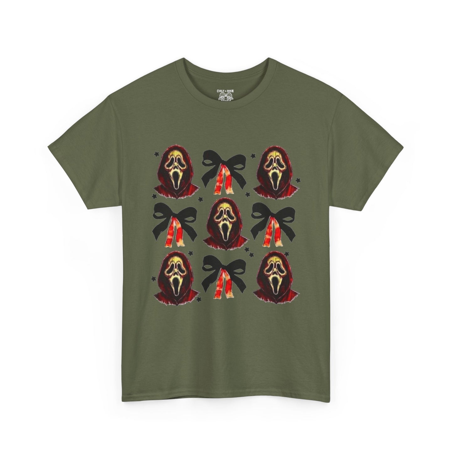 Ghost Face with Bows Design, Fun Graphic Tee, Gift for Him/Her, Casual Wear, Holiday Apparel, Statement Shirt