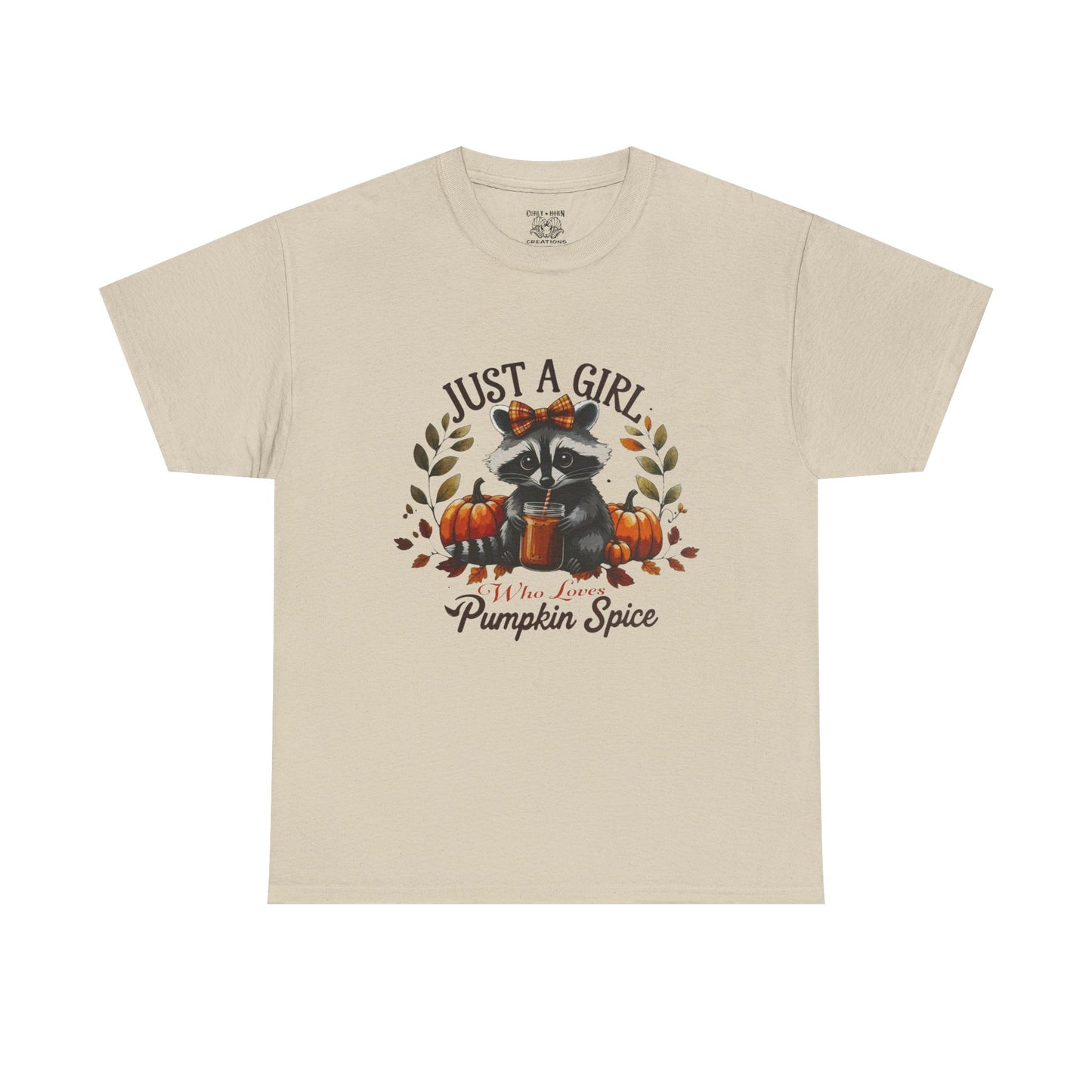Pumpkin Spice Raccoon Unisex Heavy Cotton Tee, Fall T-Shirt, Halloween Apparel, Autumn Shirt, Cute Graphic Tee