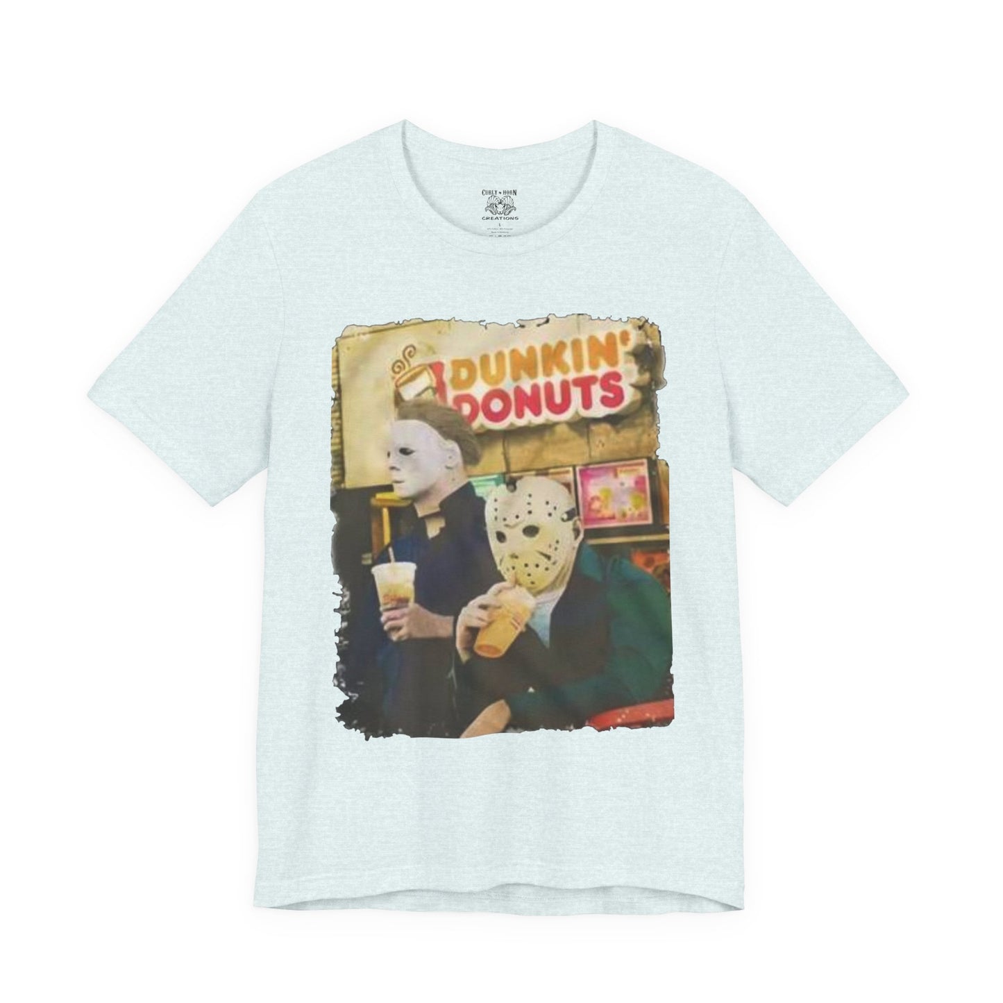 Michael Myers and Jason Horror Movie Tee with Dunkin' Donuts Theme, Unisex Graphic T-Shirt, Halloween Costume, Quirky Casual Wear