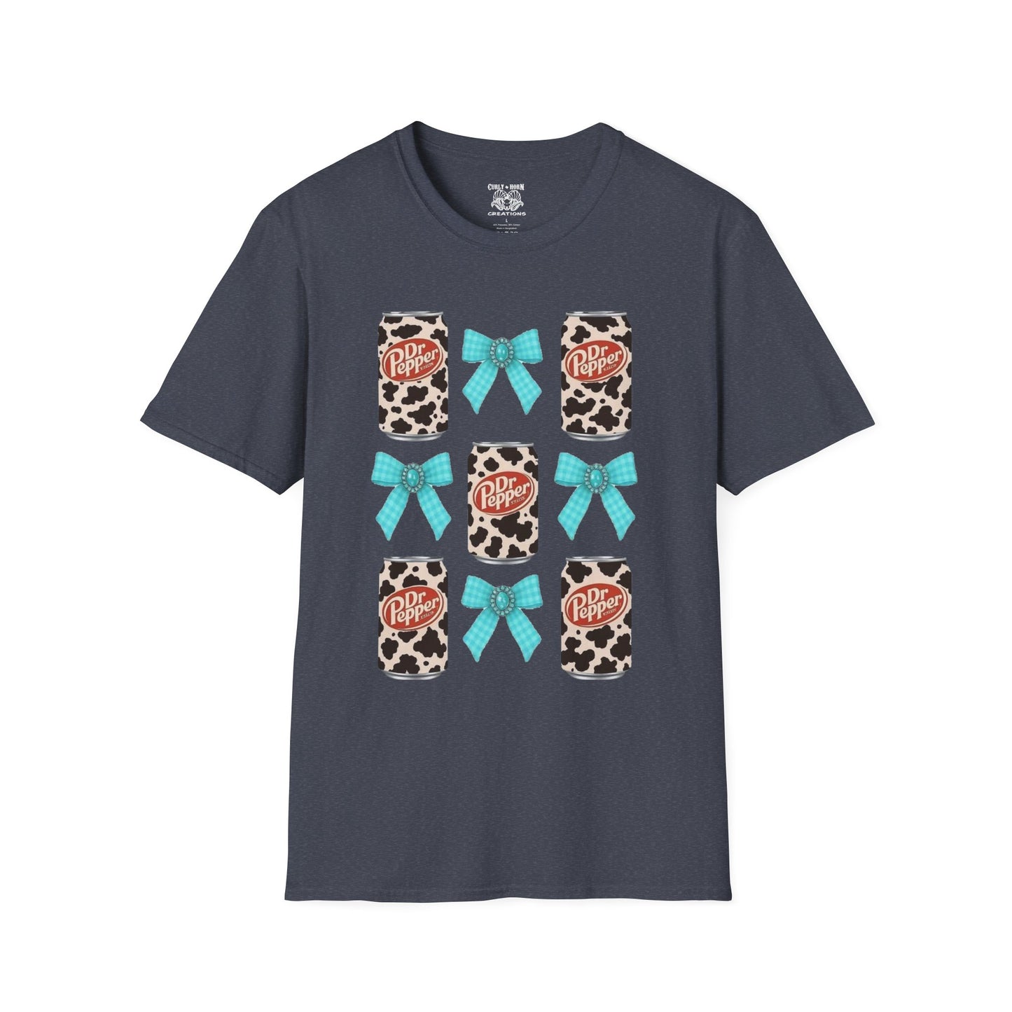 Dr Pepper Tourquoise Cow Print T-Shirt with Bows, Casual Wear, Gift for Cow Lovers, Farmhouse Decor, Birthday or Holiday Gift