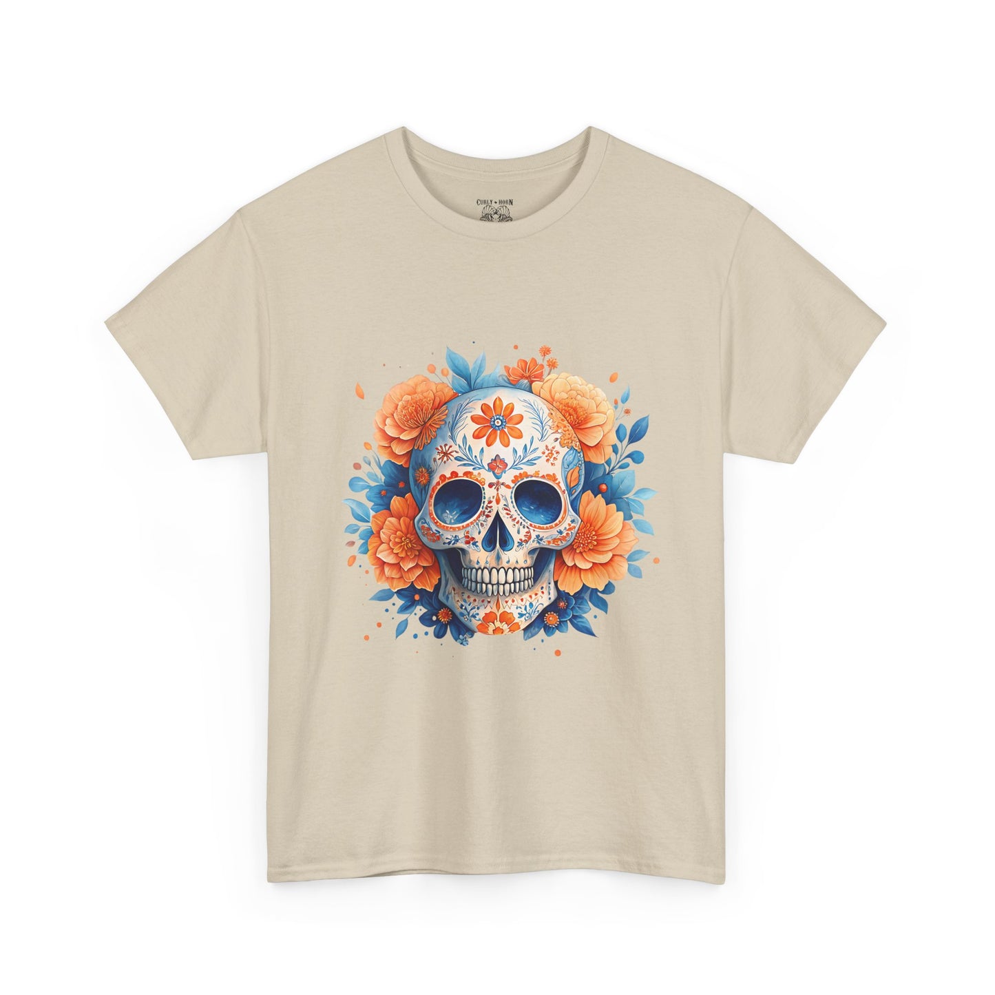 Colorful Floral Skull Tee, Unisex Heavy Cotton T-Shirt, Perfect for Day of the Dead Celebrations, Casual Wear, Unique Gift Idea