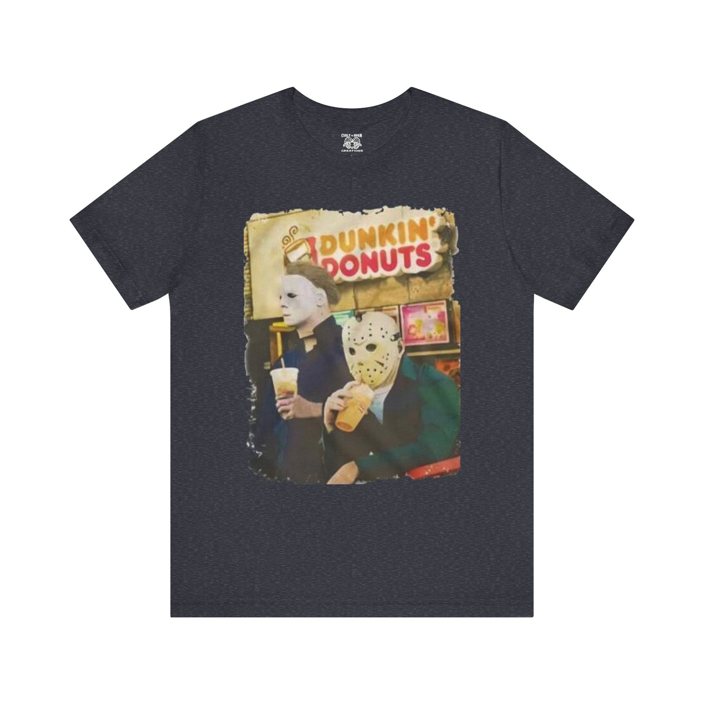 Michael Myers and Jason Horror Movie Tee with Dunkin' Donuts Theme, Unisex Graphic T-Shirt, Halloween Costume, Quirky Casual Wear