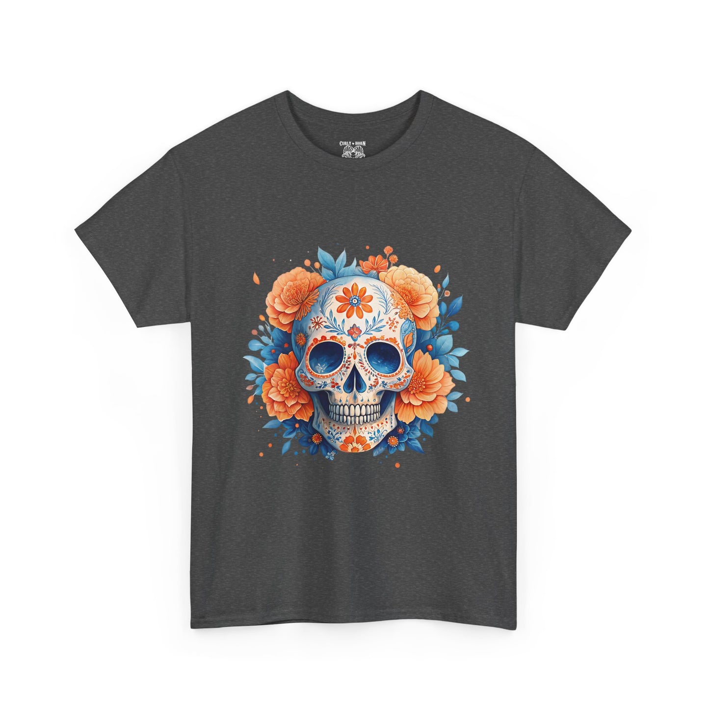 Colorful Floral Skull Tee, Unisex Heavy Cotton T-Shirt, Perfect for Day of the Dead Celebrations, Casual Wear, Unique Gift Idea