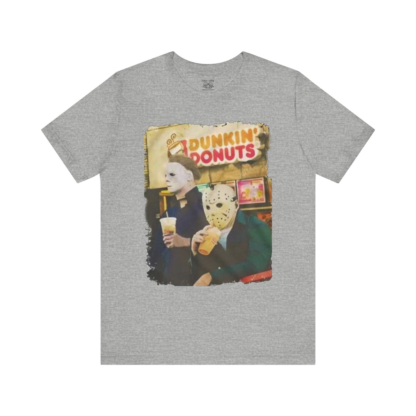 Michael Myers and Jason Horror Movie Tee with Dunkin' Donuts Theme, Unisex Graphic T-Shirt, Halloween Costume, Quirky Casual Wear