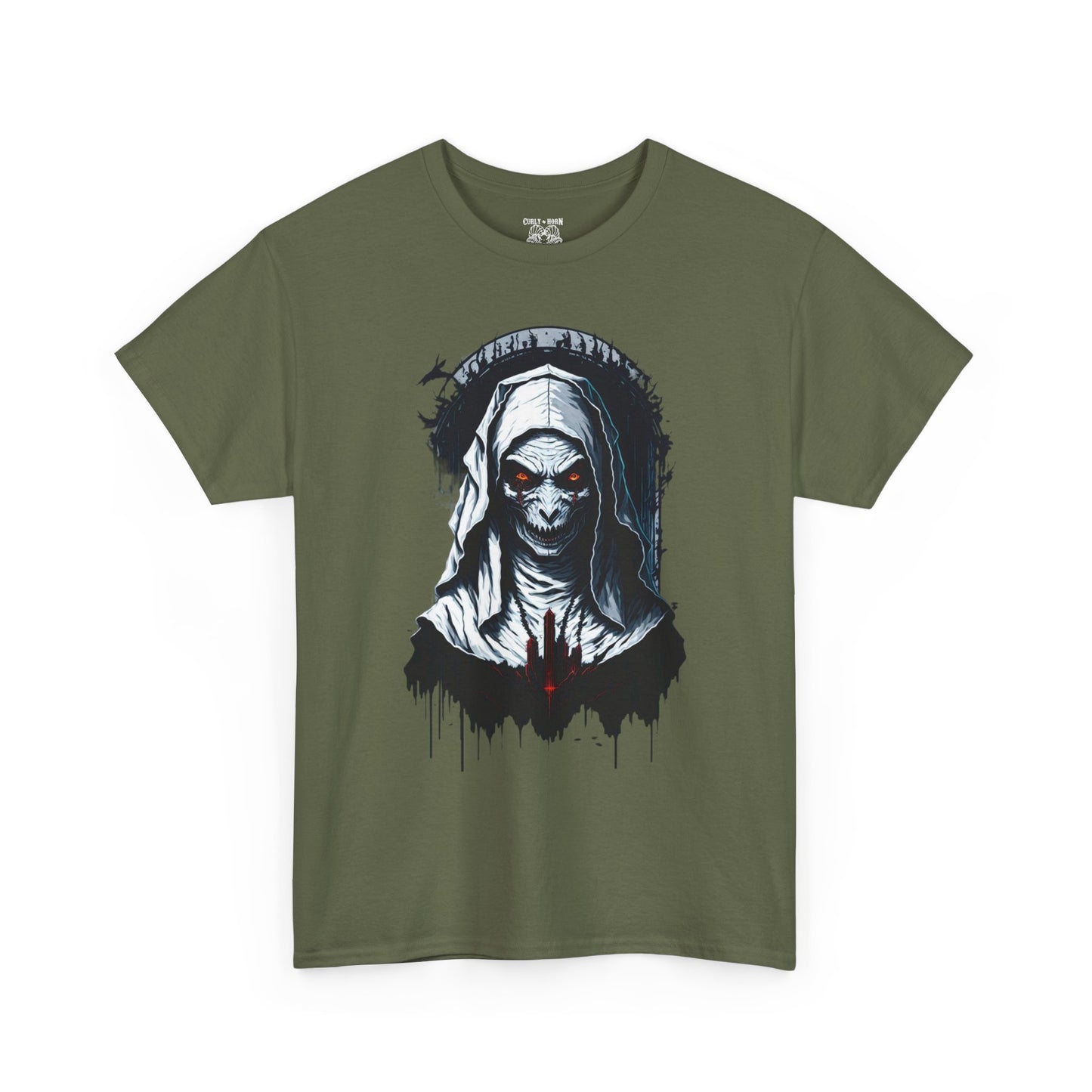 Spooky Graphic Nun Tee, Unisex Heavy Cotton Tee, Halloween Outfit, Horror Lover Gift, Dark Art T-Shirt, Unique Style Tee