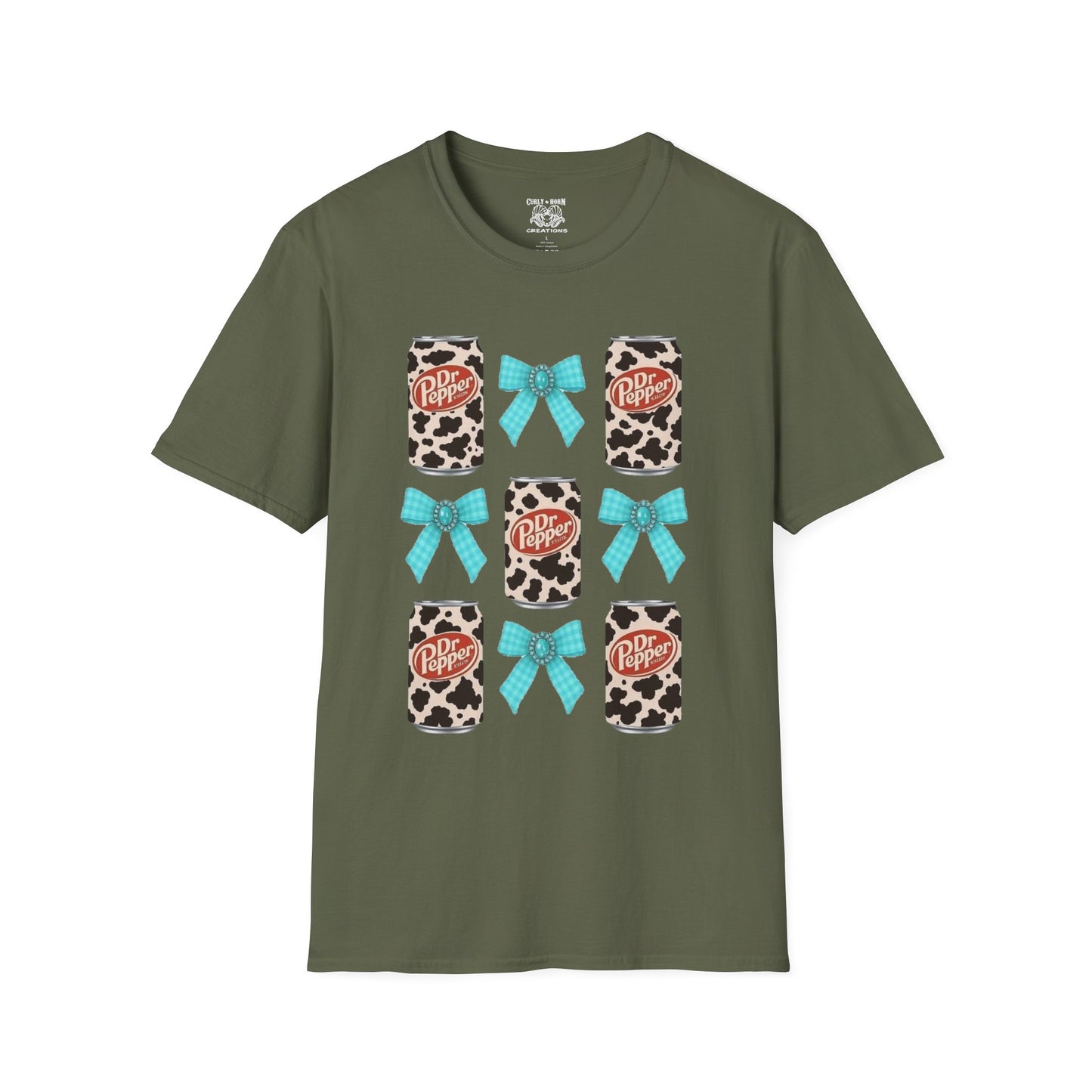 Dr Pepper Tourquoise Cow Print T-Shirt with Bows, Casual Wear, Gift for Cow Lovers, Farmhouse Decor, Birthday or Holiday Gift