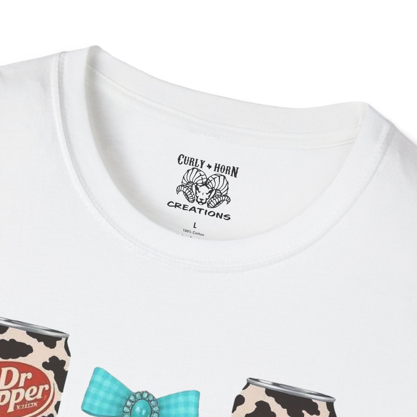 Dr Pepper Tourquoise Cow Print T-Shirt with Bows, Casual Wear, Gift for Cow Lovers, Farmhouse Decor, Birthday or Holiday Gift
