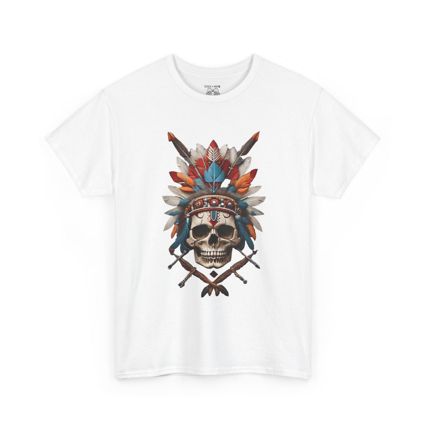 Skull Headdress Unisex Heavy Cotton Tee | Bohemian Style T-Shirt, Festival Wear, Graphic Tee, Gift for Him, Casual Apparel