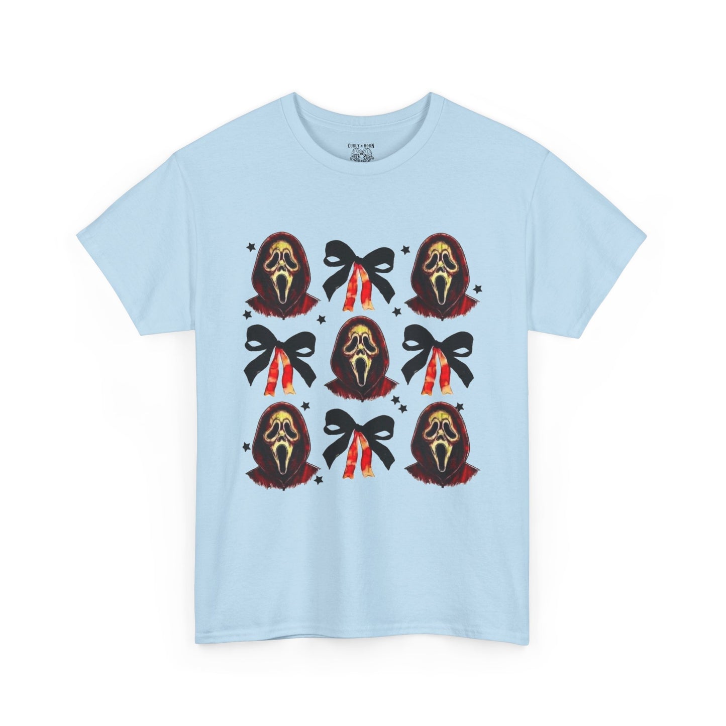 Ghost Face with Bows Design, Fun Graphic Tee, Gift for Him/Her, Casual Wear, Holiday Apparel, Statement Shirt