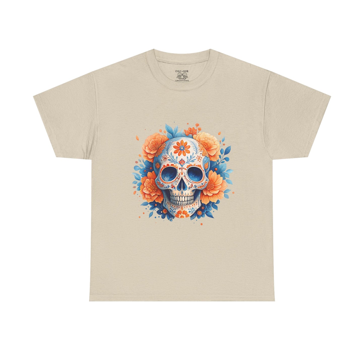 Colorful Floral Skull Tee, Unisex Heavy Cotton T-Shirt, Perfect for Day of the Dead Celebrations, Casual Wear, Unique Gift Idea