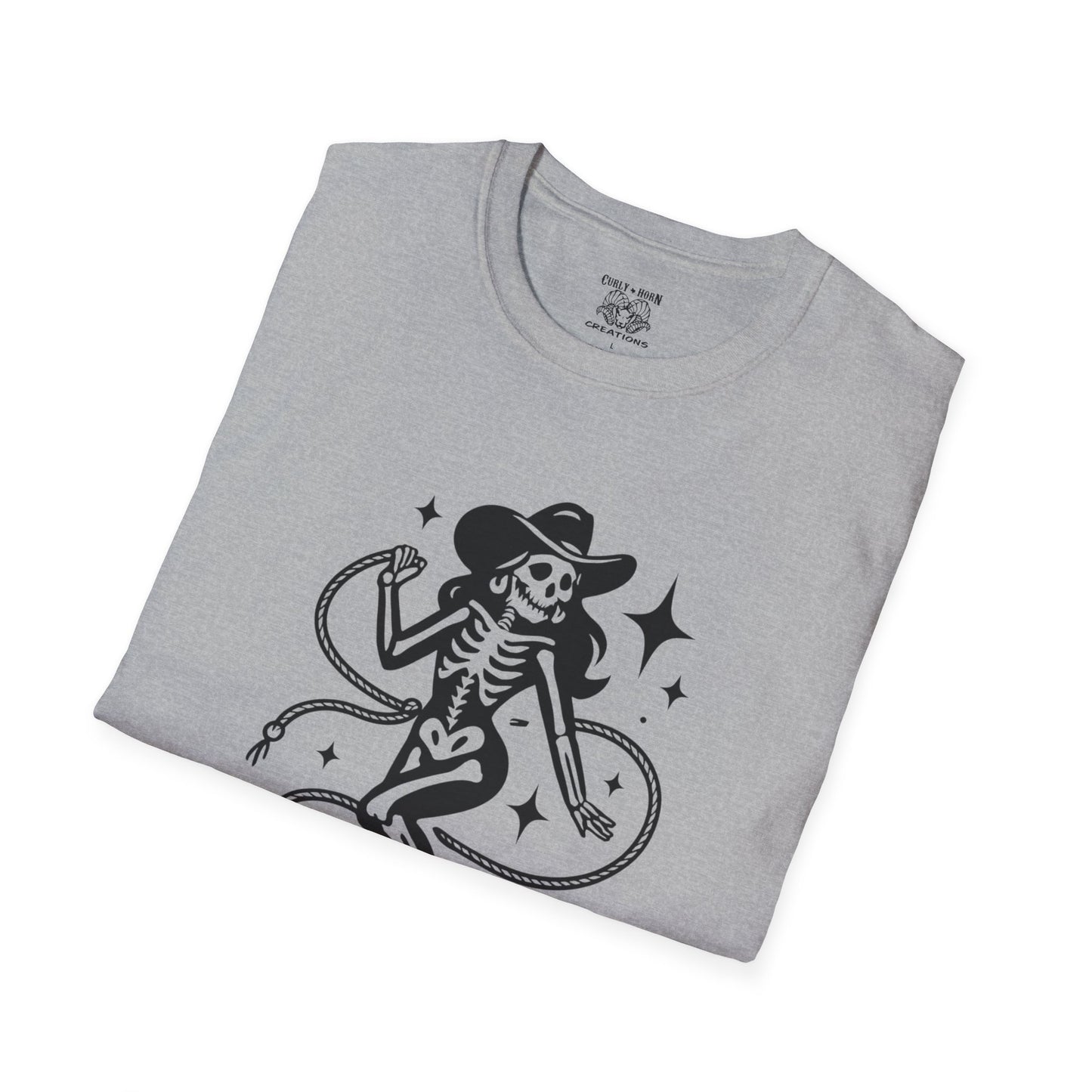 Skeleton Cowgirl T-Shirt, Vintage Halloween Tee, Unisex Graphic Shirt, Casual Outfit, Festival Wear, Spooky Season Apparel