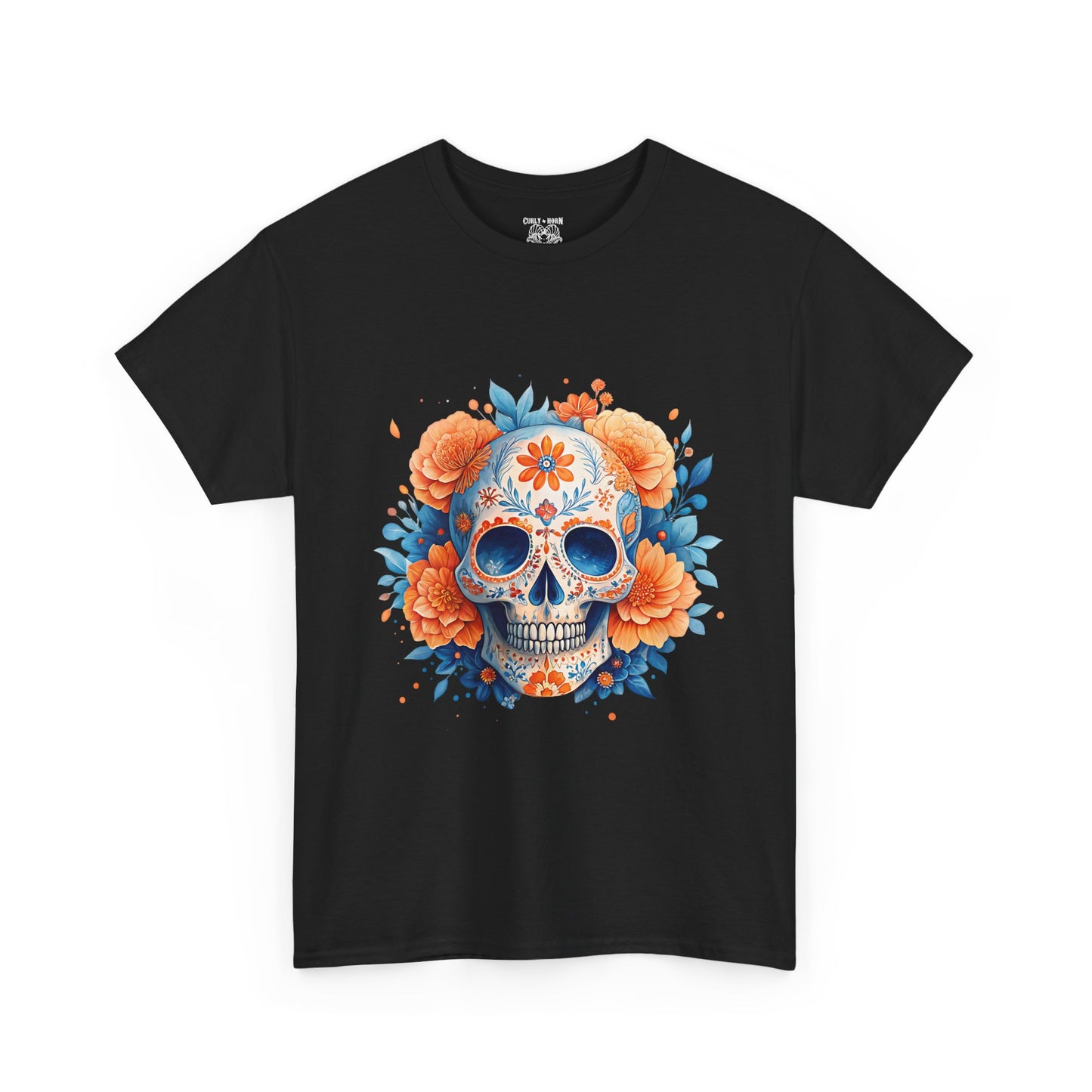 Colorful Floral Skull Tee, Unisex Heavy Cotton T-Shirt, Perfect for Day of the Dead Celebrations, Casual Wear, Unique Gift Idea