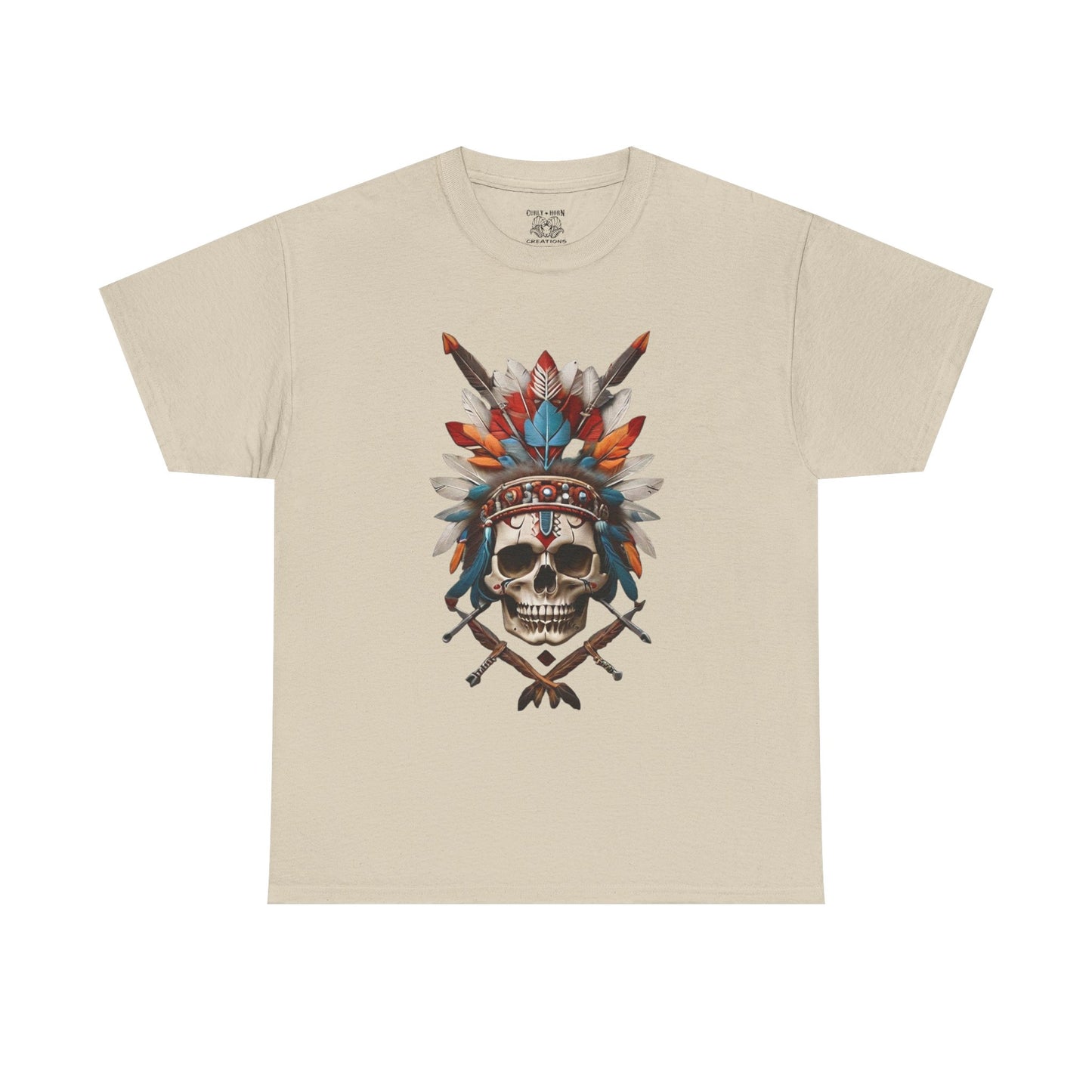 Skull Headdress Unisex Heavy Cotton Tee | Bohemian Style T-Shirt, Festival Wear, Graphic Tee, Gift for Him, Casual Apparel