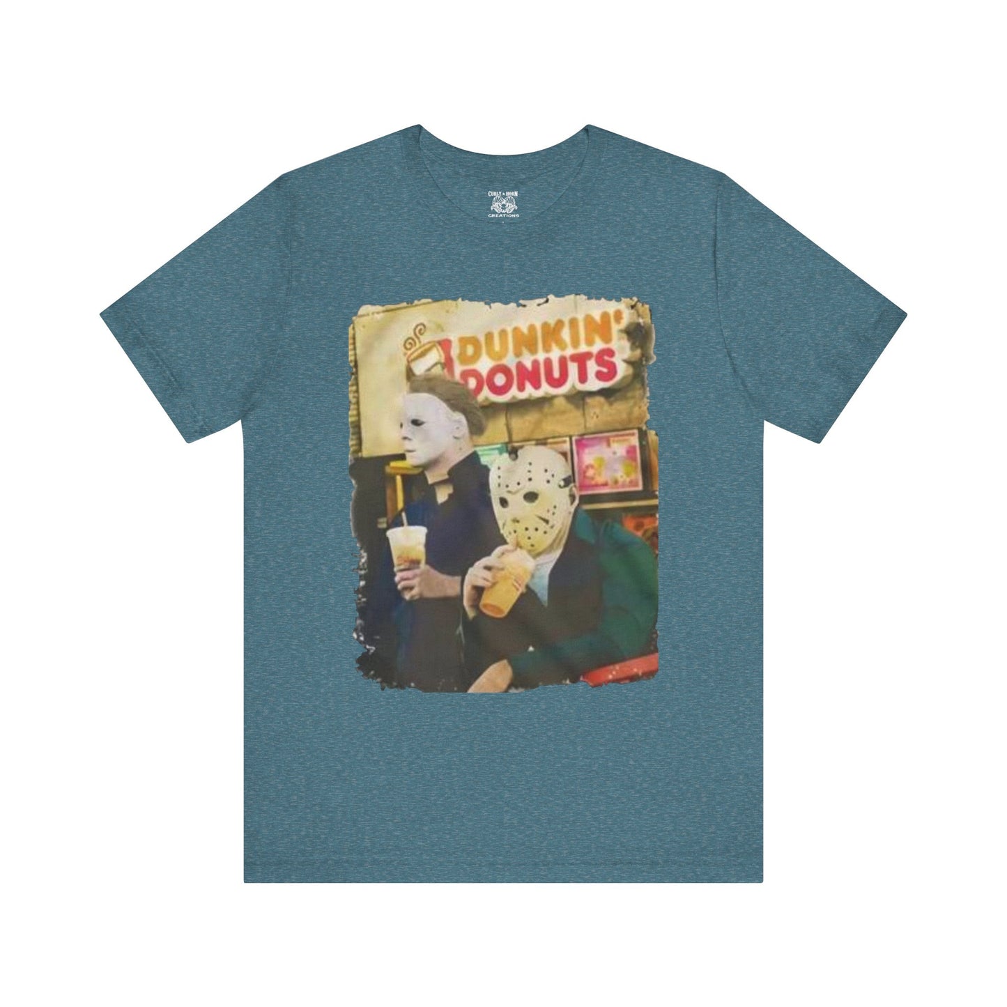 Michael Myers and Jason Horror Movie Tee with Dunkin' Donuts Theme, Unisex Graphic T-Shirt, Halloween Costume, Quirky Casual Wear