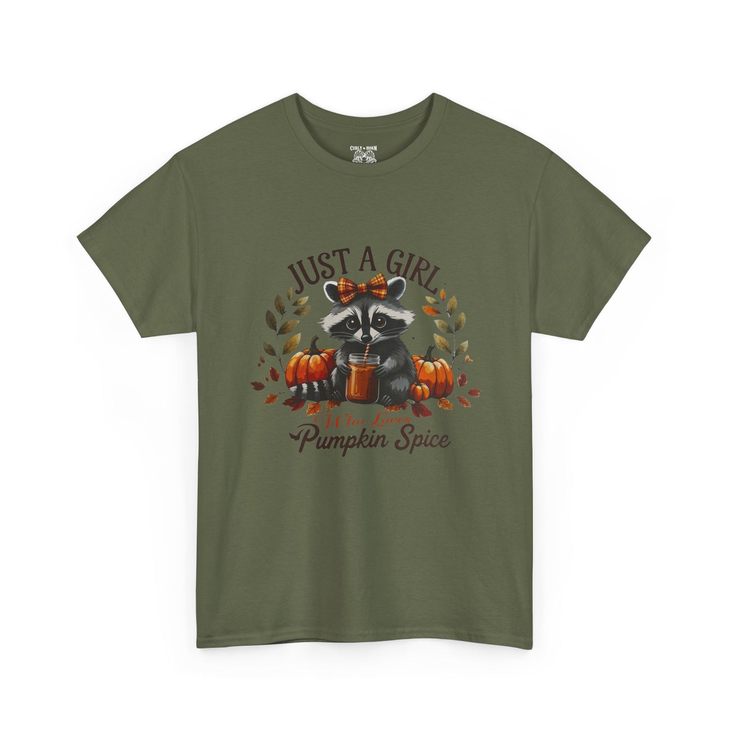Pumpkin Spice Raccoon Unisex Heavy Cotton Tee, Fall T-Shirt, Halloween Apparel, Autumn Shirt, Cute Graphic Tee
