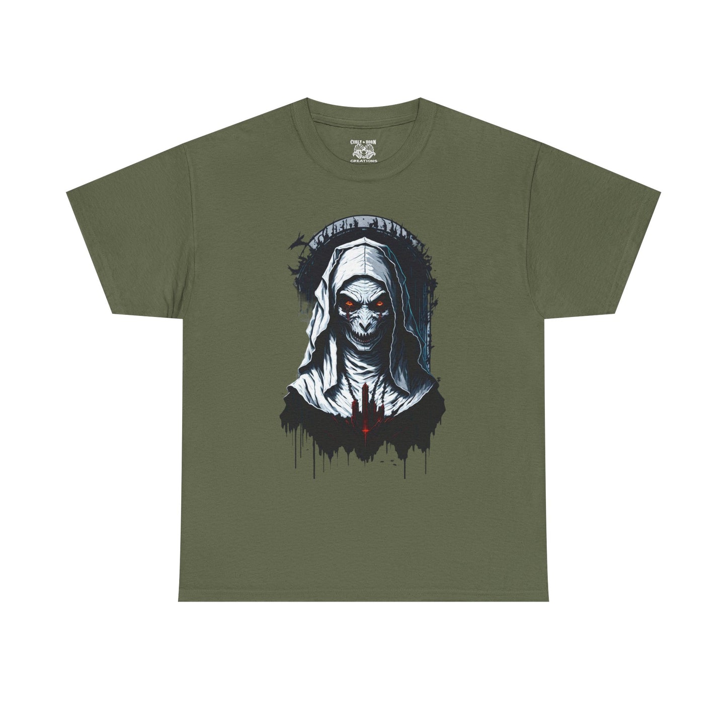 Spooky Graphic Nun Tee, Unisex Heavy Cotton Tee, Halloween Outfit, Horror Lover Gift, Dark Art T-Shirt, Unique Style Tee