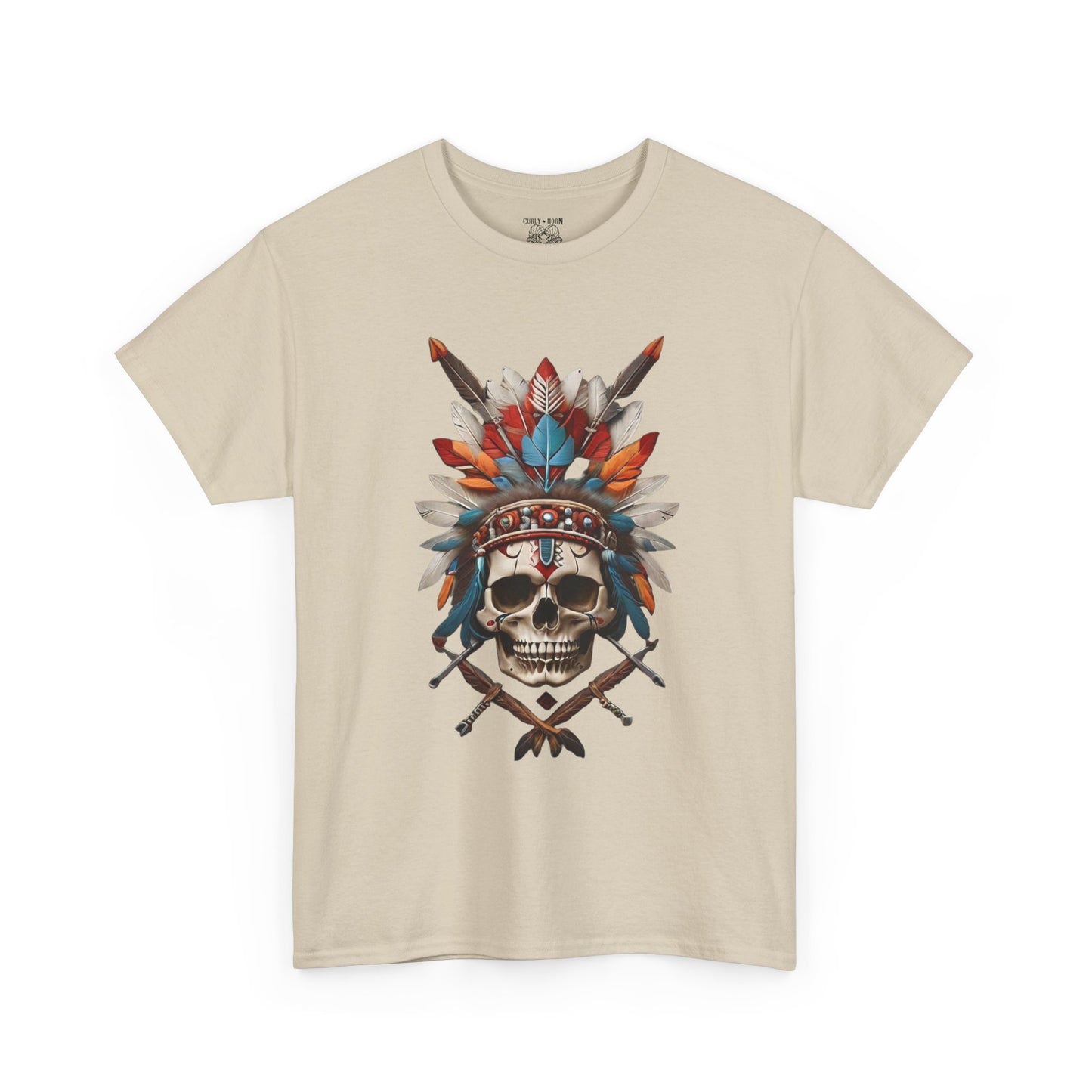 Skull Headdress Unisex Heavy Cotton Tee | Bohemian Style T-Shirt, Festival Wear, Graphic Tee, Gift for Him, Casual Apparel