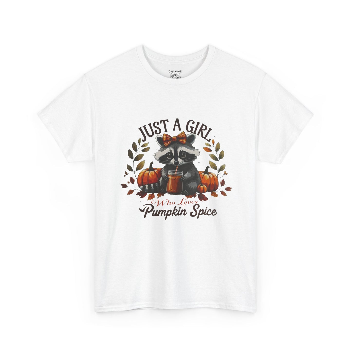 Pumpkin Spice Raccoon Unisex Heavy Cotton Tee, Fall T-Shirt, Halloween Apparel, Autumn Shirt, Cute Graphic Tee