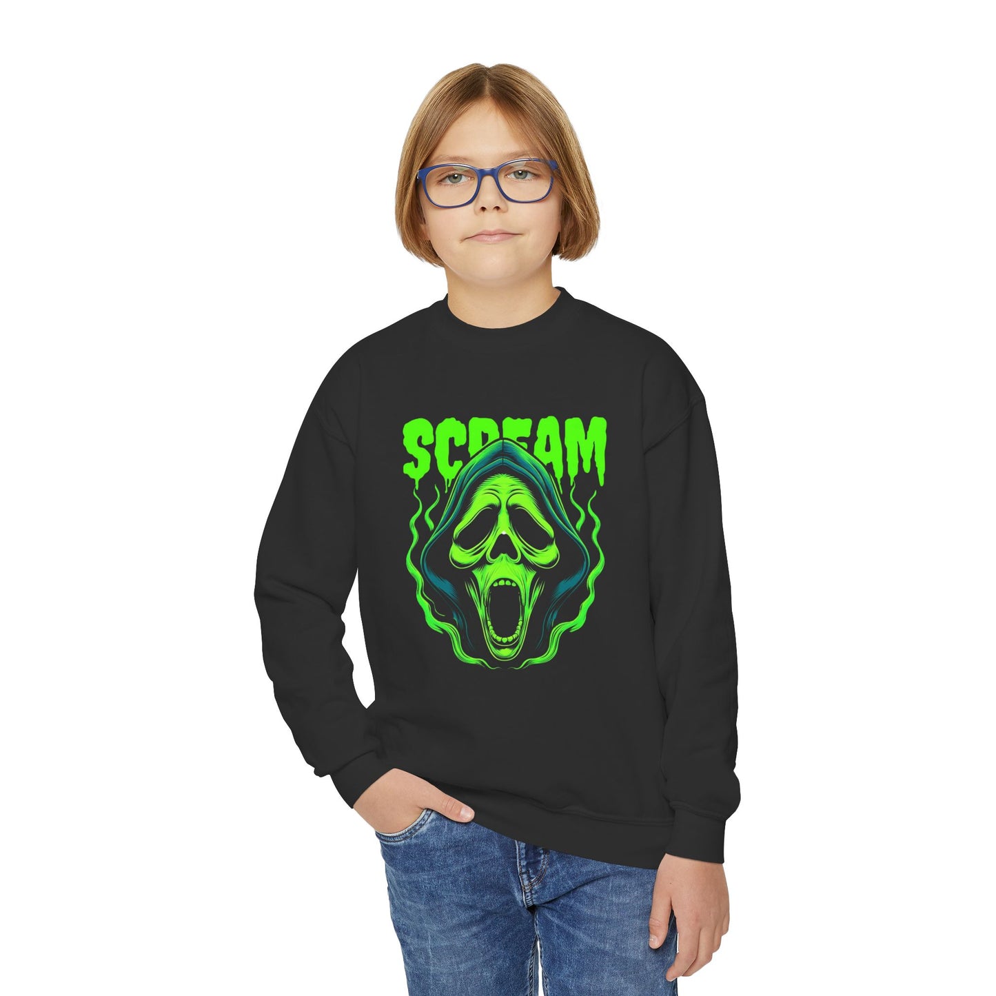 Scream Youth Crewneck Sweatshirt, Horror Gift, Halloween Apparel, Spooky Sweatshirt, Teens' Casual Wear, Graphic Sweatshirt