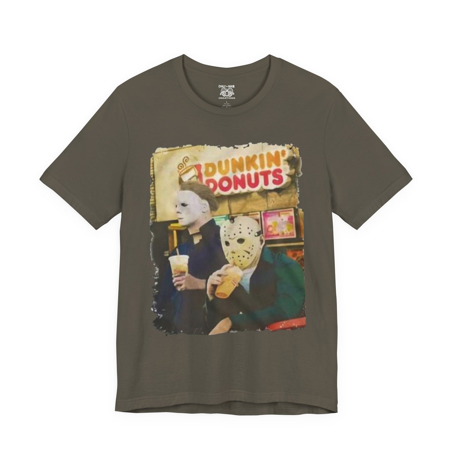 Michael Myers and Jason Horror Movie Tee with Dunkin' Donuts Theme, Unisex Graphic T-Shirt, Halloween Costume, Quirky Casual Wear