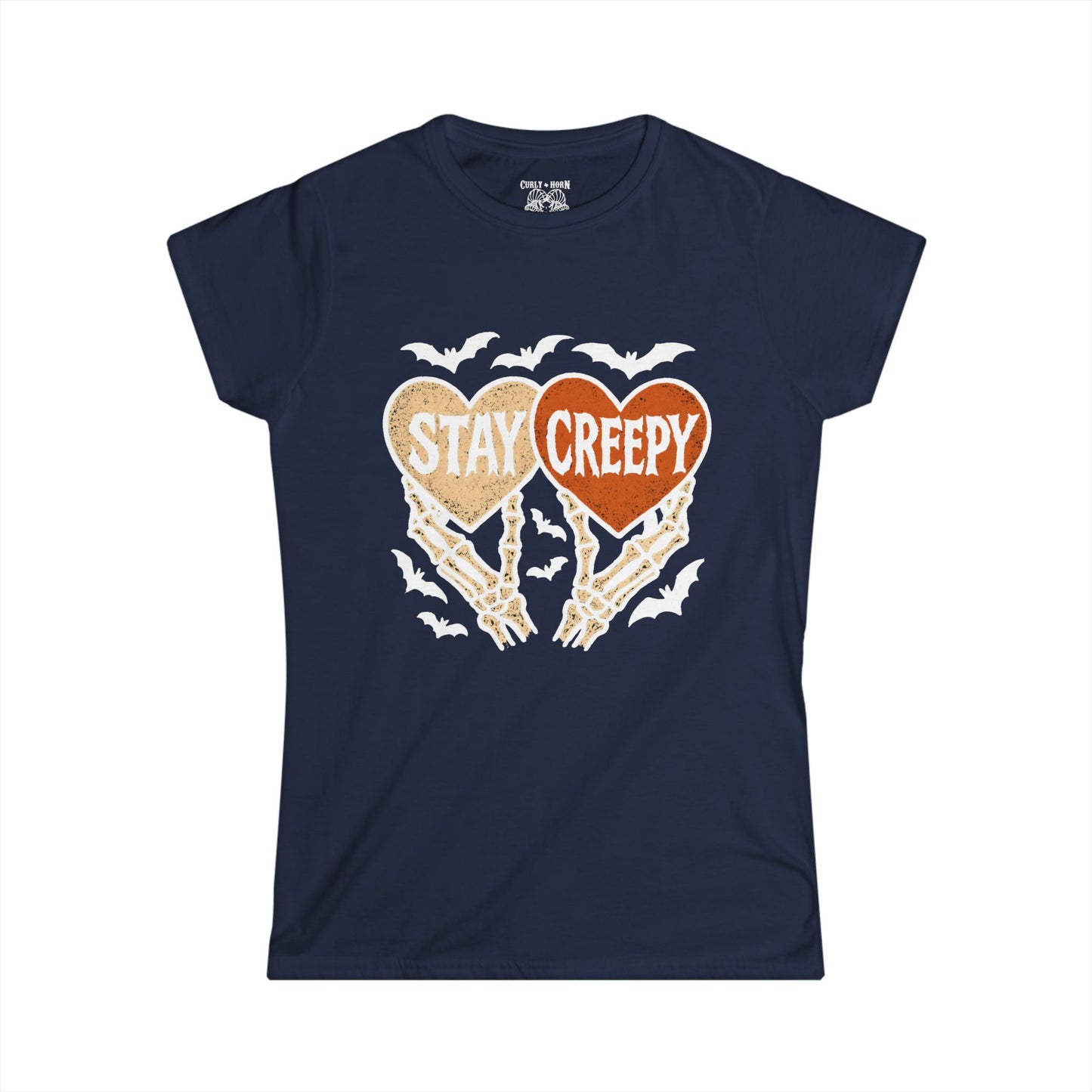 White Print of Stay Creepy Women's Tee | Halloween Gift, Spooky Style, Casual Outfit, Unique Graphic Top, Fun Statement Shirt