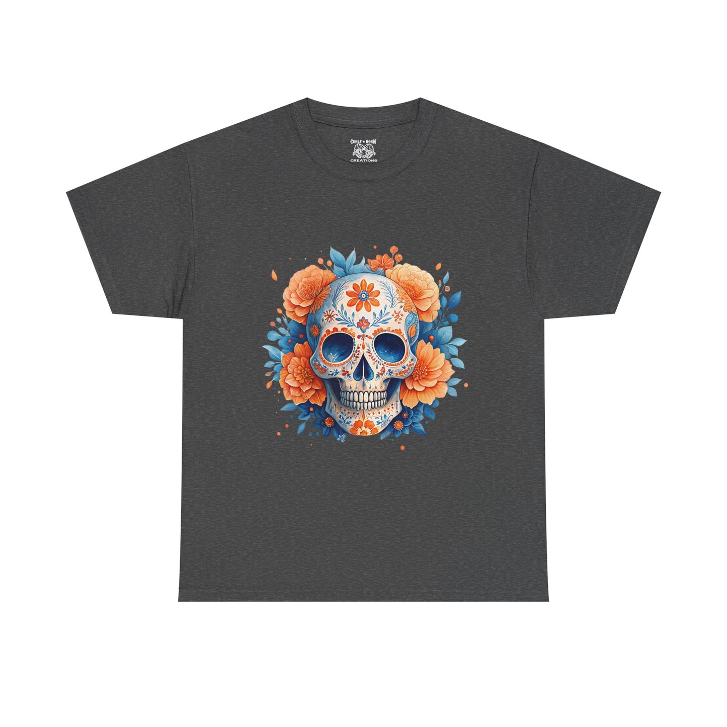 Colorful Floral Skull Tee, Unisex Heavy Cotton T-Shirt, Perfect for Day of the Dead Celebrations, Casual Wear, Unique Gift Idea