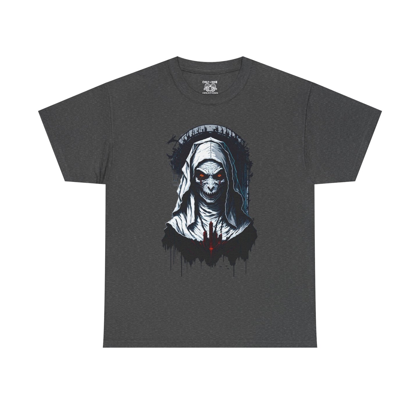 Spooky Graphic Nun Tee, Unisex Heavy Cotton Tee, Halloween Outfit, Horror Lover Gift, Dark Art T-Shirt, Unique Style Tee