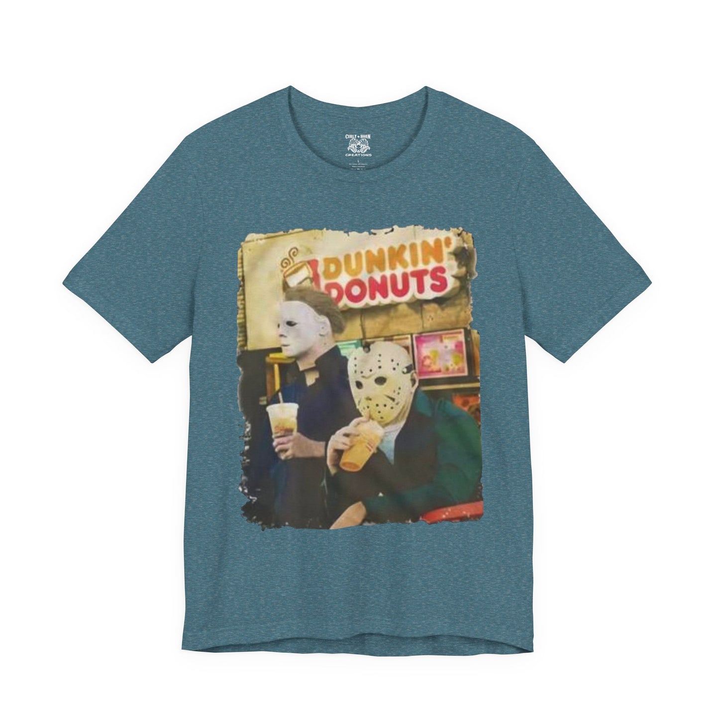 Michael Myers and Jason Horror Movie Tee with Dunkin' Donuts Theme, Unisex Graphic T-Shirt, Halloween Costume, Quirky Casual Wear