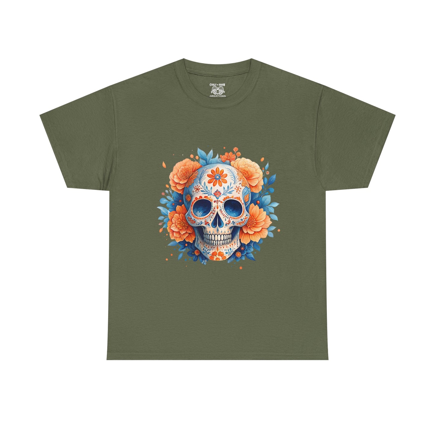 Colorful Floral Skull Tee, Unisex Heavy Cotton T-Shirt, Perfect for Day of the Dead Celebrations, Casual Wear, Unique Gift Idea