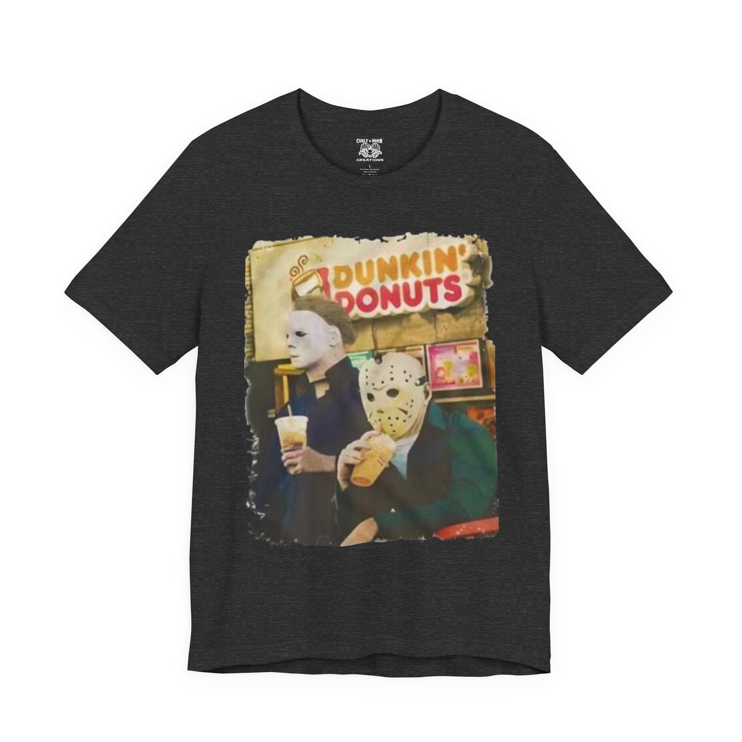 Michael Myers and Jason Horror Movie Tee with Dunkin' Donuts Theme, Unisex Graphic T-Shirt, Halloween Costume, Quirky Casual Wear