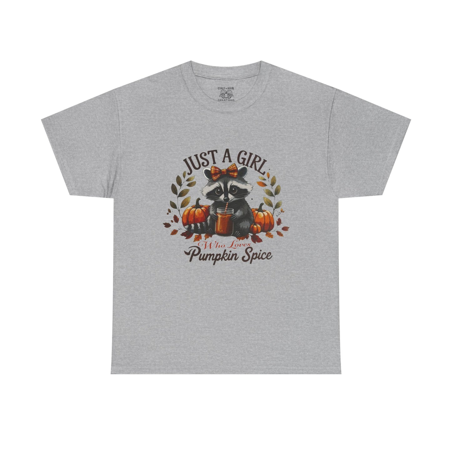 Pumpkin Spice Raccoon Unisex Heavy Cotton Tee, Fall T-Shirt, Halloween Apparel, Autumn Shirt, Cute Graphic Tee