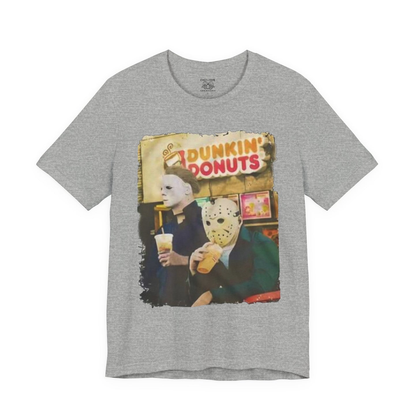 Michael Myers and Jason Horror Movie Tee with Dunkin' Donuts Theme, Unisex Graphic T-Shirt, Halloween Costume, Quirky Casual Wear