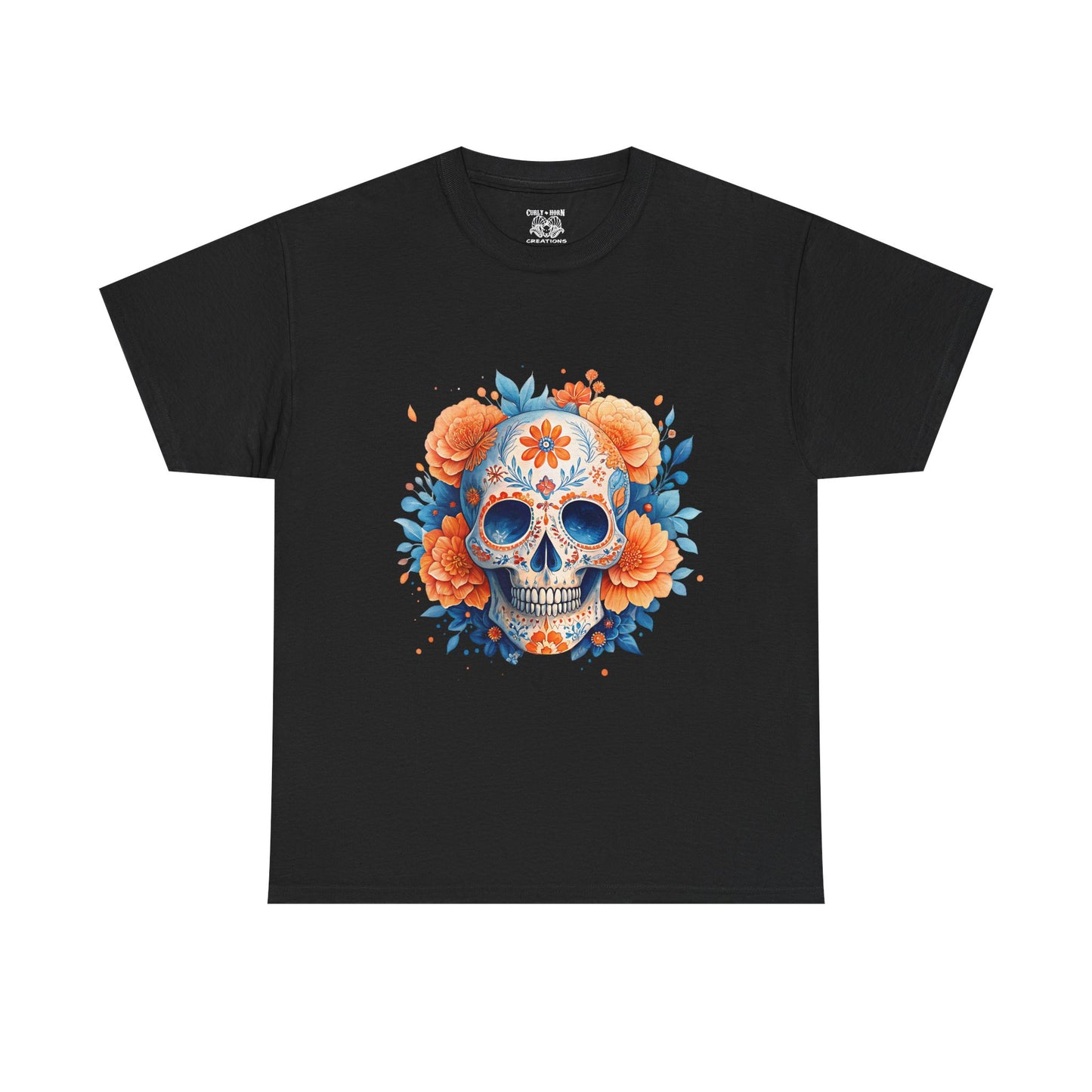 Colorful Floral Skull Tee, Unisex Heavy Cotton T-Shirt, Perfect for Day of the Dead Celebrations, Casual Wear, Unique Gift Idea