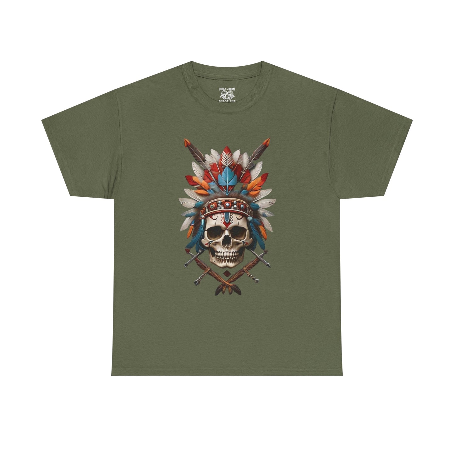 Skull Headdress Unisex Heavy Cotton Tee | Bohemian Style T-Shirt, Festival Wear, Graphic Tee, Gift for Him, Casual Apparel