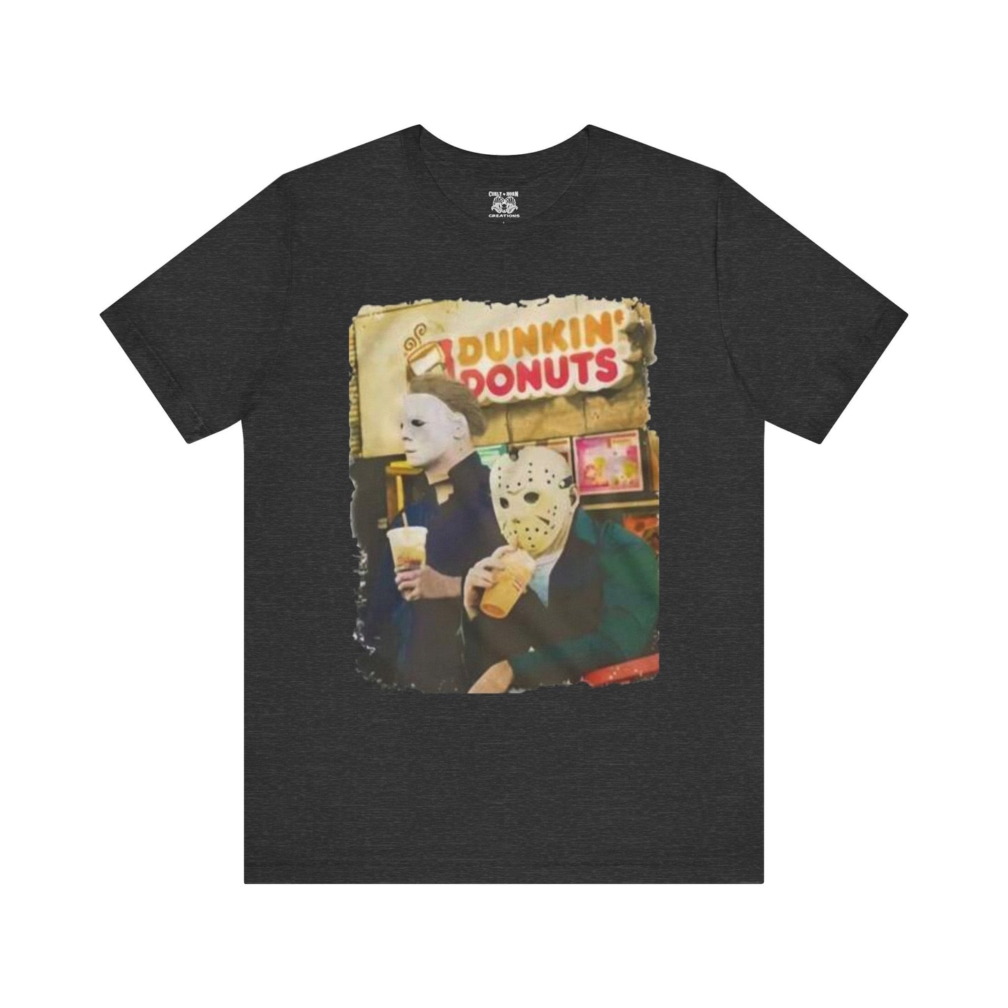 Michael Myers and Jason Horror Movie Tee with Dunkin' Donuts Theme, Unisex Graphic T-Shirt, Halloween Costume, Quirky Casual Wear
