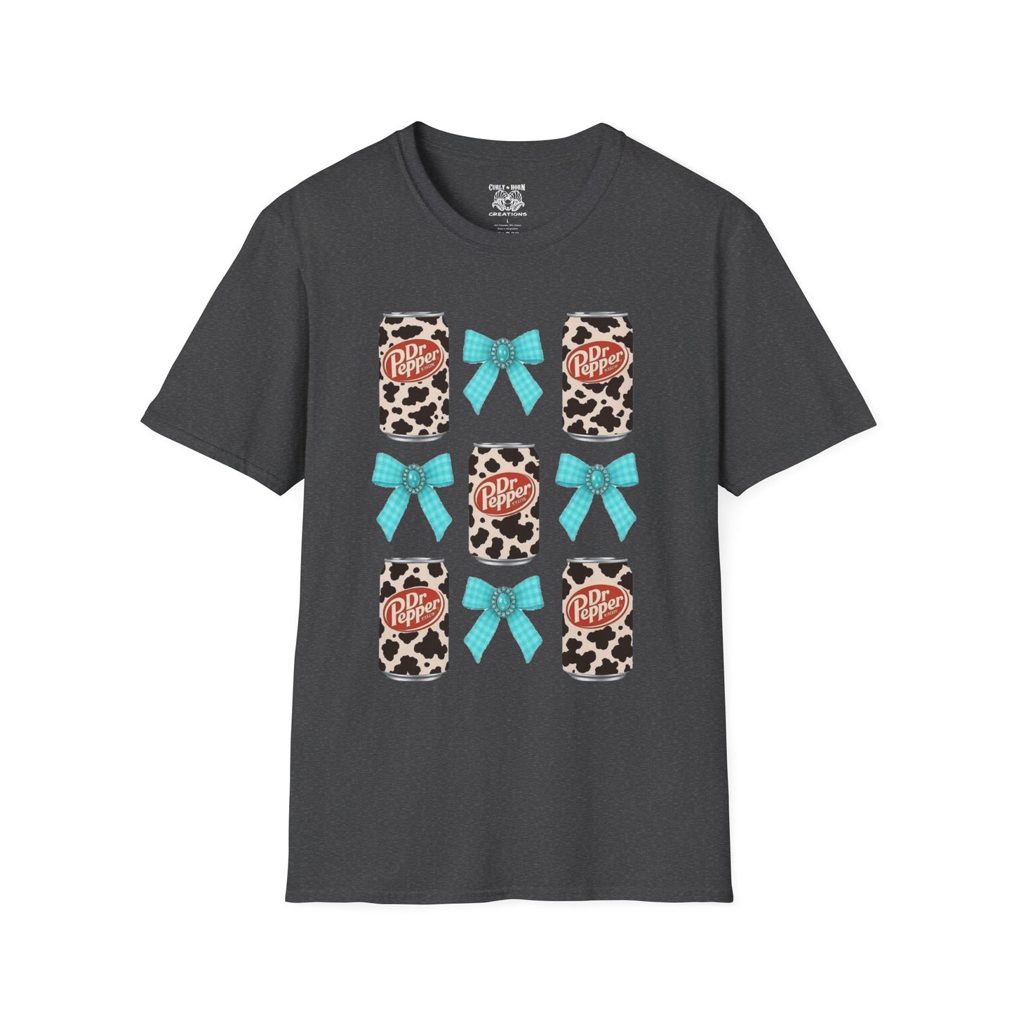 Dr Pepper Tourquoise Cow Print T-Shirt with Bows, Casual Wear, Gift for Cow Lovers, Farmhouse Decor, Birthday or Holiday Gift