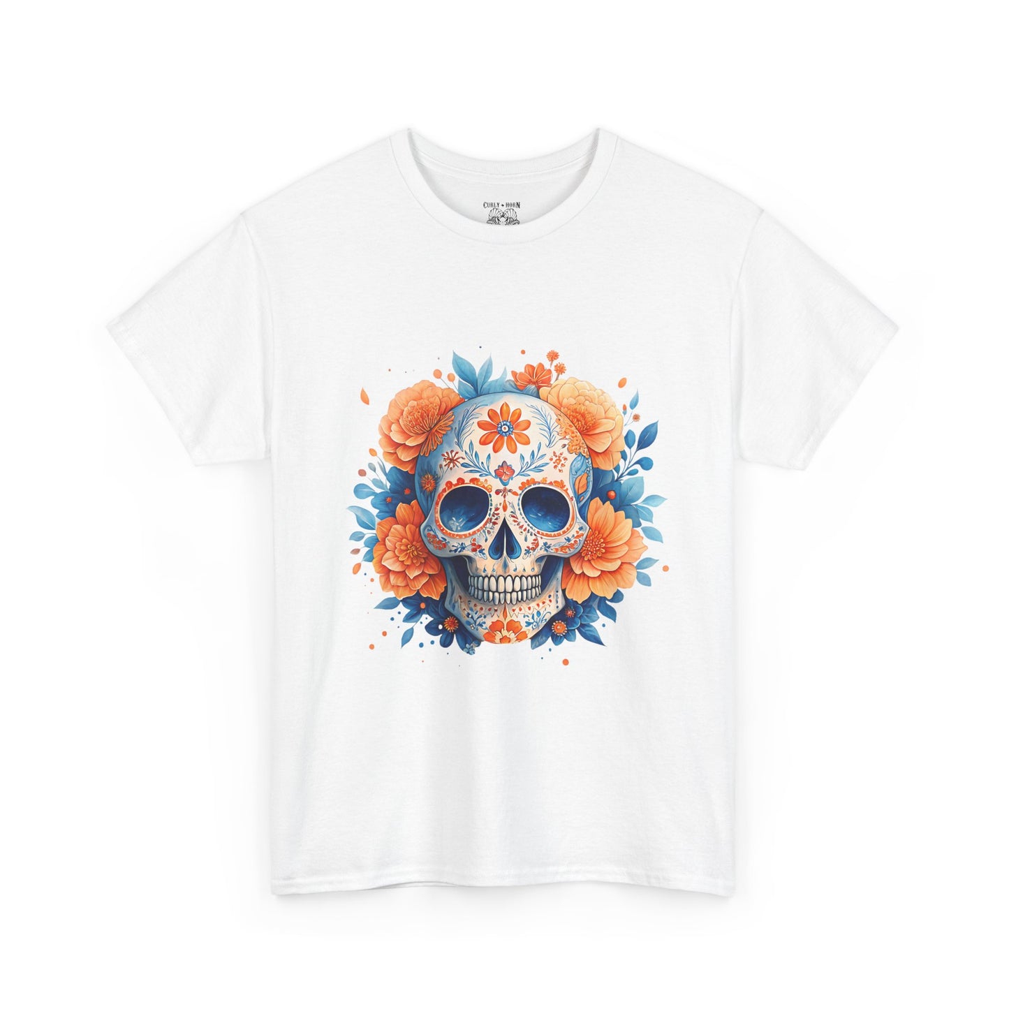 Colorful Floral Skull Tee, Unisex Heavy Cotton T-Shirt, Perfect for Day of the Dead Celebrations, Casual Wear, Unique Gift Idea