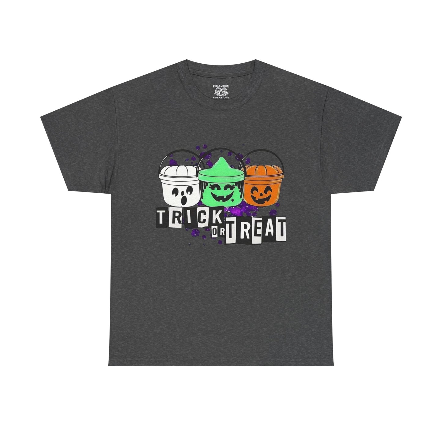 Halloween Bucket Unisex Heavy Cotton Tee, Trick or Treat Shirt, Spooky Vibes Apparel, Fall Festival T-shirt, Trick or Treat Costume Top