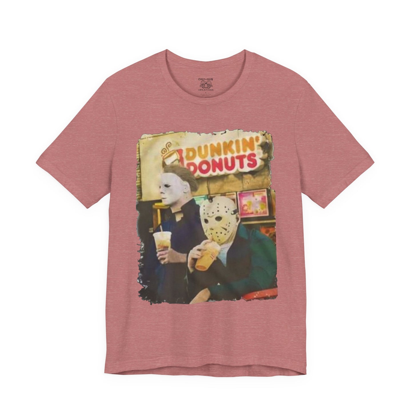 Michael Myers and Jason Horror Movie Tee with Dunkin' Donuts Theme, Unisex Graphic T-Shirt, Halloween Costume, Quirky Casual Wear