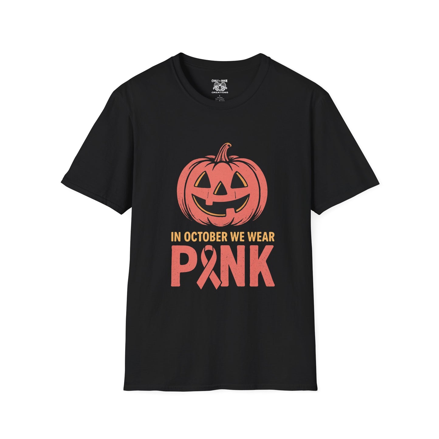 Halloween Awareness T-Shirt | In October We Wear Pink | Unisex Softstyle Tee for Breast Cancer Awareness, Holiday Gift, Spooky Season