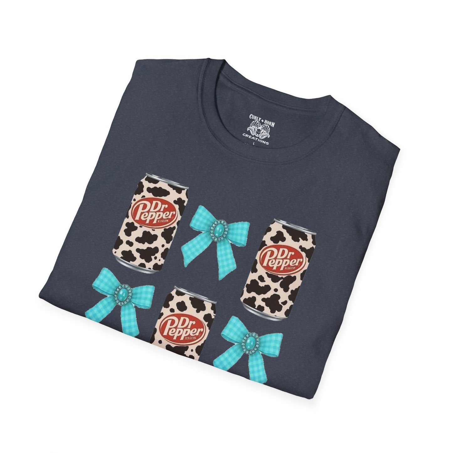 Dr Pepper Tourquoise Cow Print T-Shirt with Bows, Casual Wear, Gift for Cow Lovers, Farmhouse Decor, Birthday or Holiday Gift
