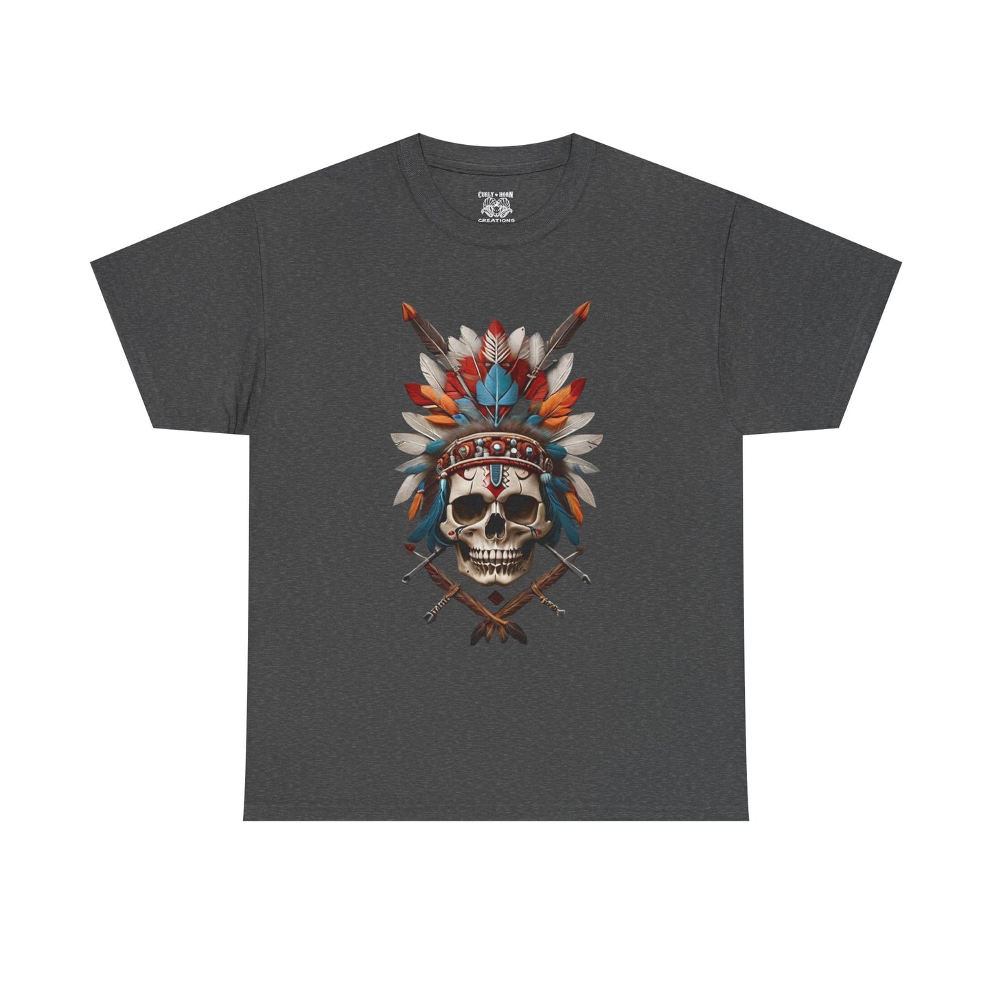 Skull Headdress Unisex Heavy Cotton Tee | Bohemian Style T-Shirt, Festival Wear, Graphic Tee, Gift for Him, Casual Apparel