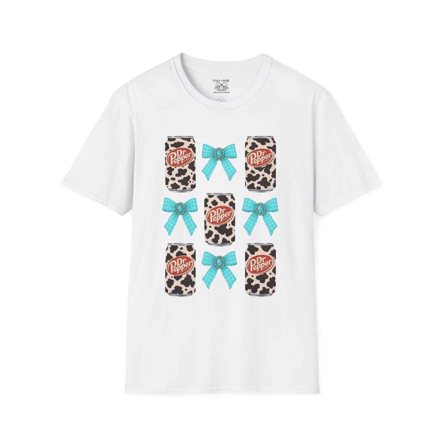 Dr Pepper Tourquoise Cow Print T-Shirt with Bows, Casual Wear, Gift for Cow Lovers, Farmhouse Decor, Birthday or Holiday Gift
