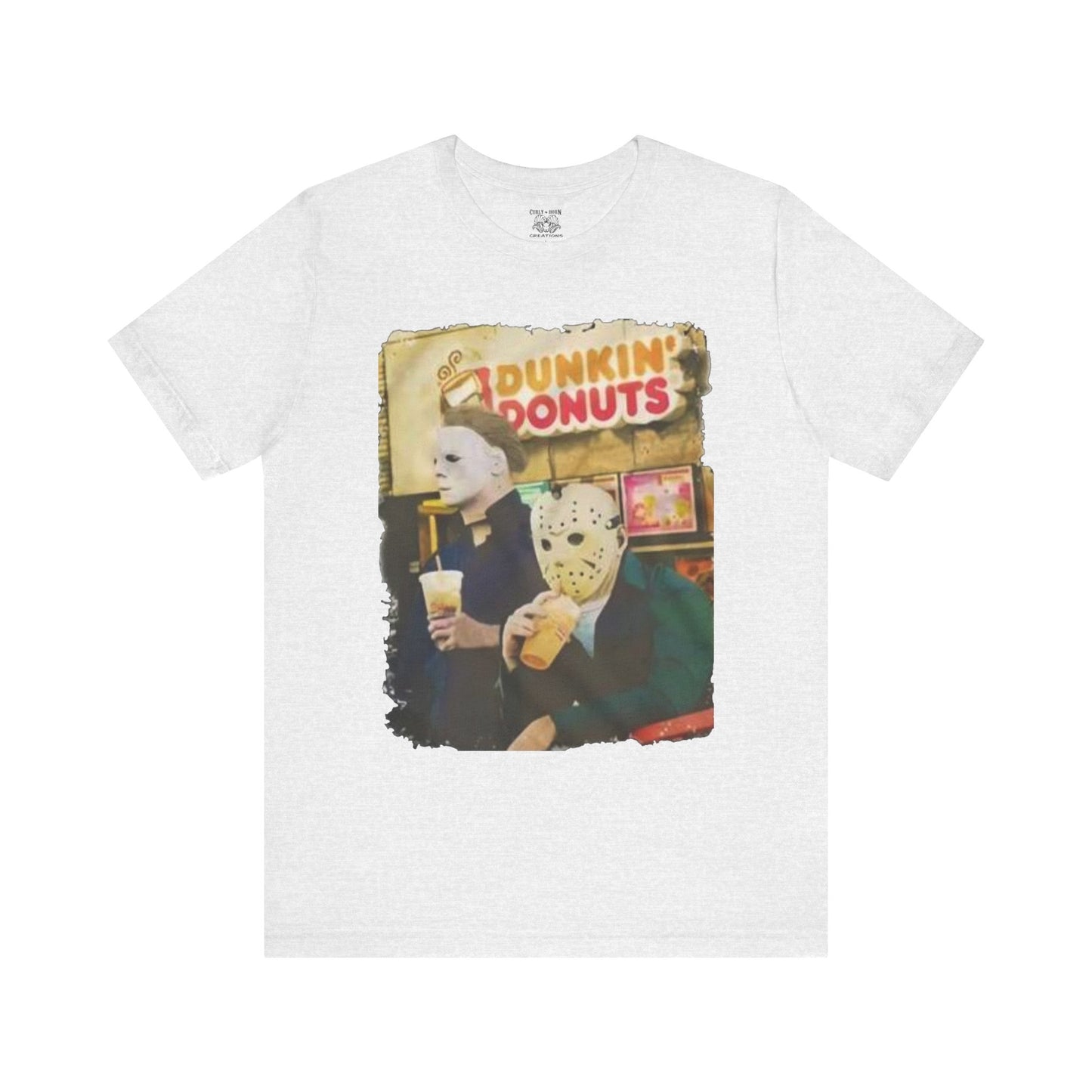 Michael Myers and Jason Horror Movie Tee with Dunkin' Donuts Theme, Unisex Graphic T-Shirt, Halloween Costume, Quirky Casual Wear