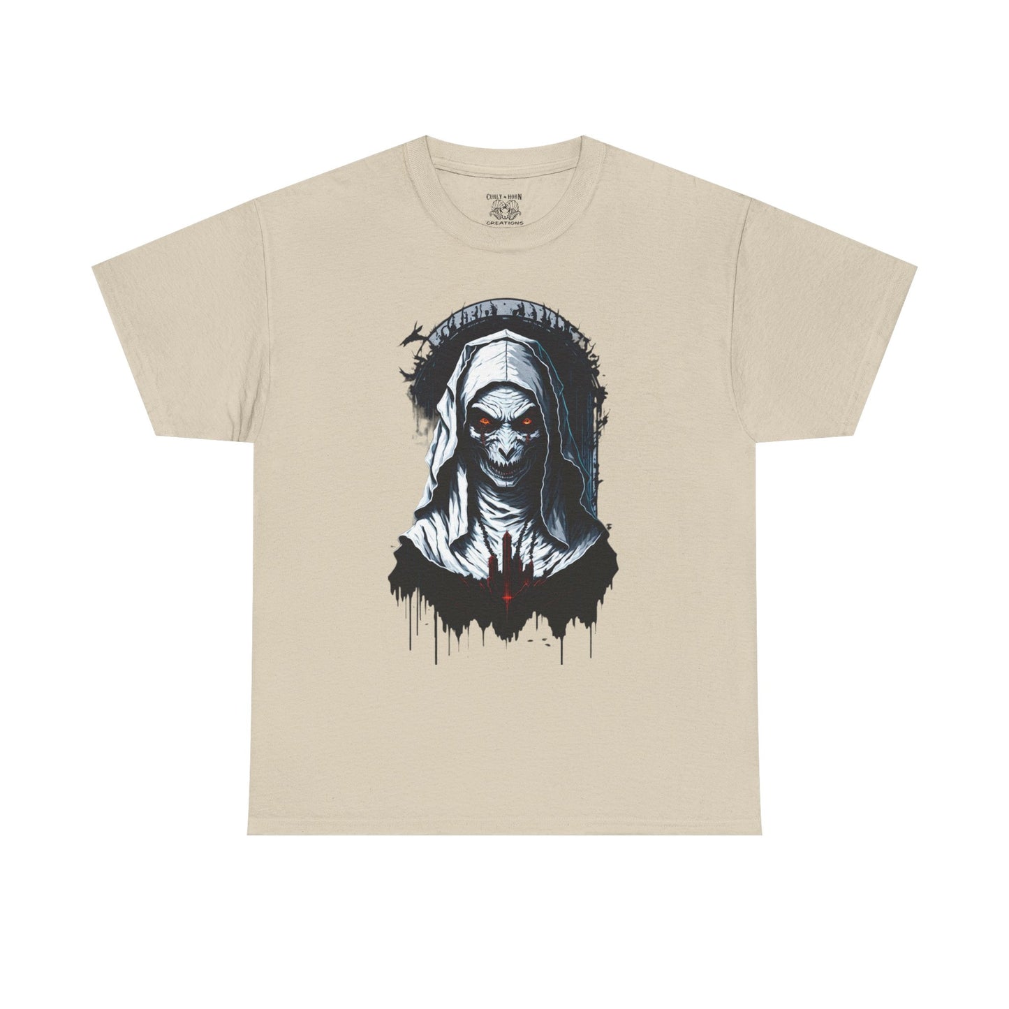 Spooky Graphic Nun Tee, Unisex Heavy Cotton Tee, Halloween Outfit, Horror Lover Gift, Dark Art T-Shirt, Unique Style Tee