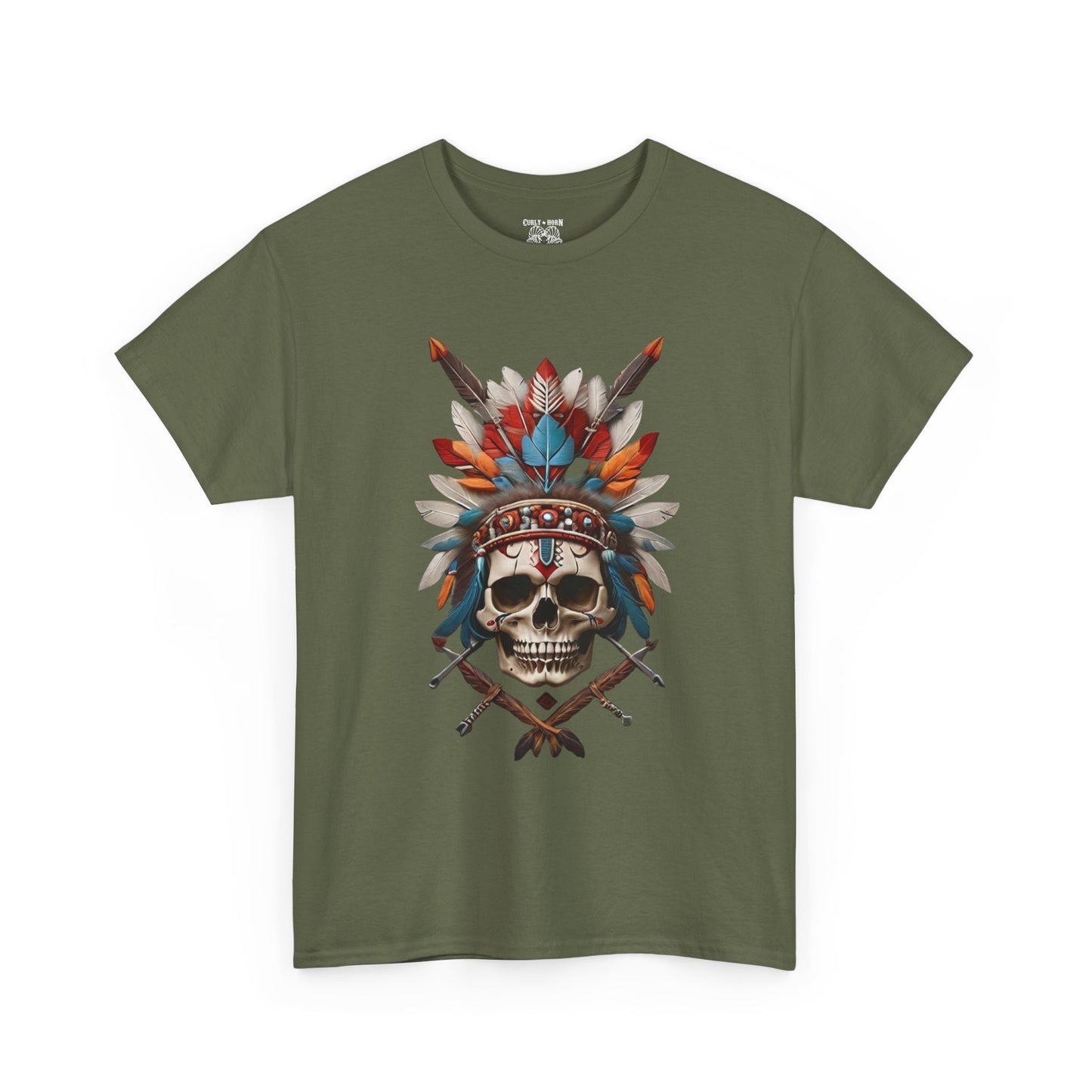 Skull Headdress Unisex Heavy Cotton Tee | Bohemian Style T-Shirt, Festival Wear, Graphic Tee, Gift for Him, Casual Apparel