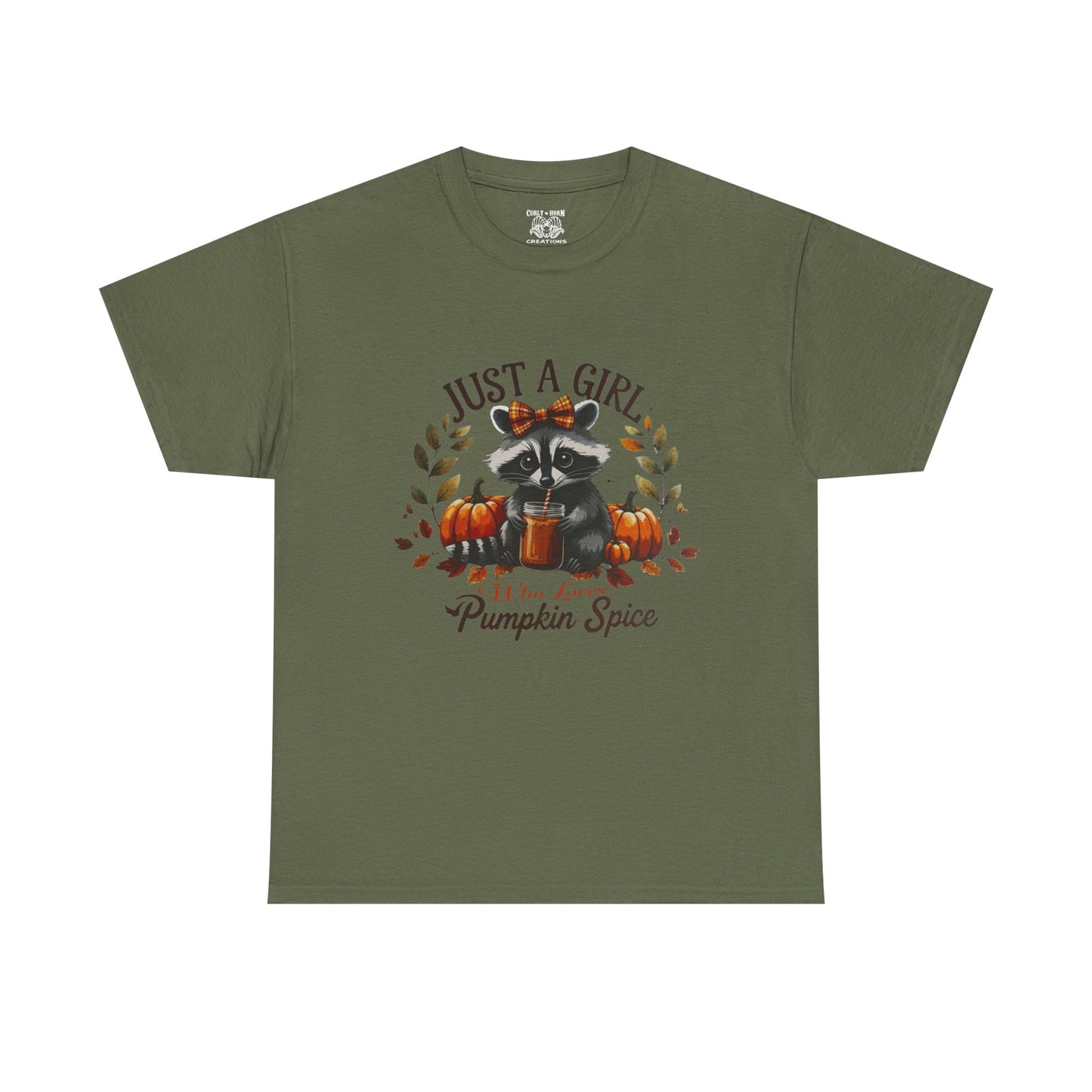 Pumpkin Spice Raccoon Unisex Heavy Cotton Tee, Fall T-Shirt, Halloween Apparel, Autumn Shirt, Cute Graphic Tee