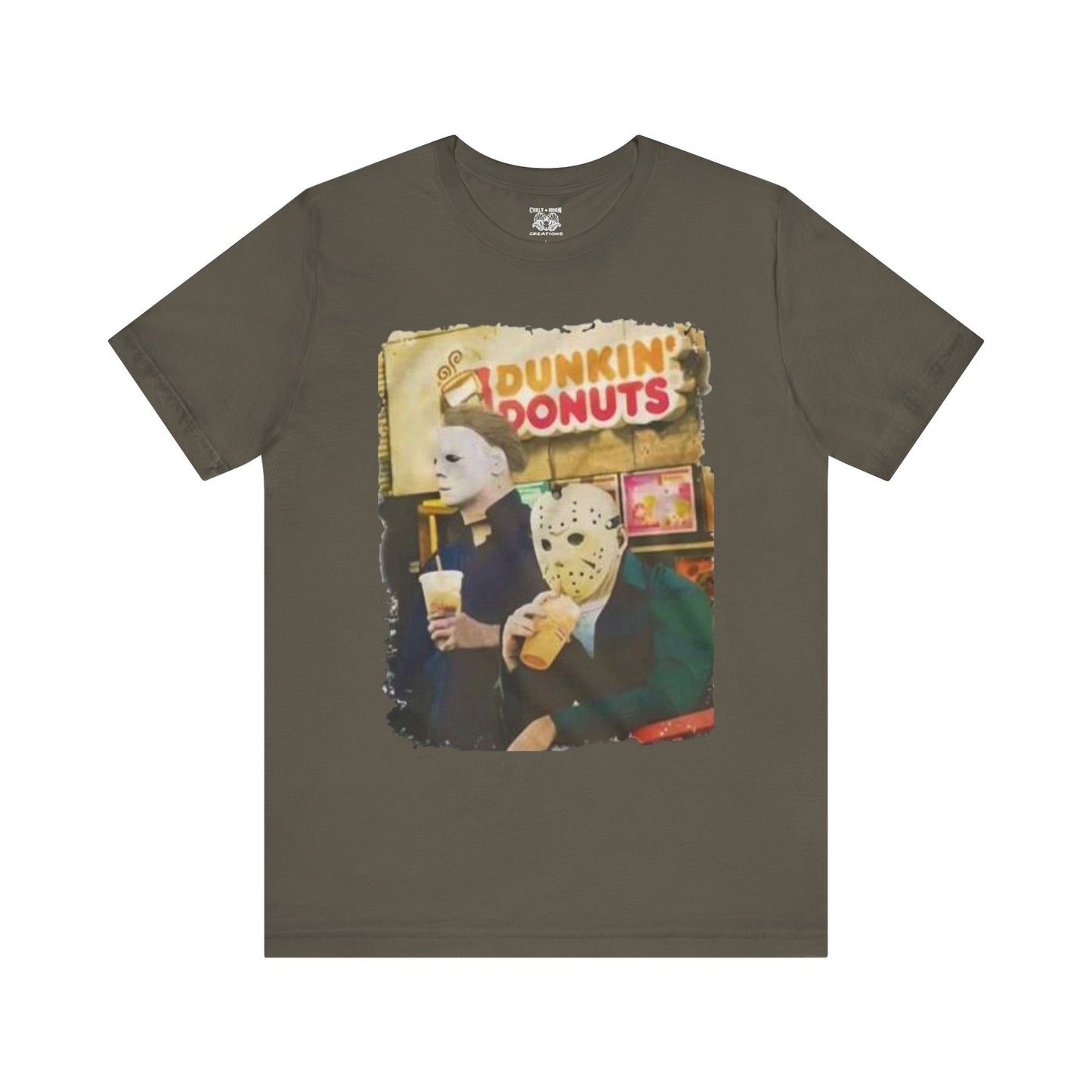 Michael Myers and Jason Horror Movie Tee with Dunkin' Donuts Theme, Unisex Graphic T-Shirt, Halloween Costume, Quirky Casual Wear