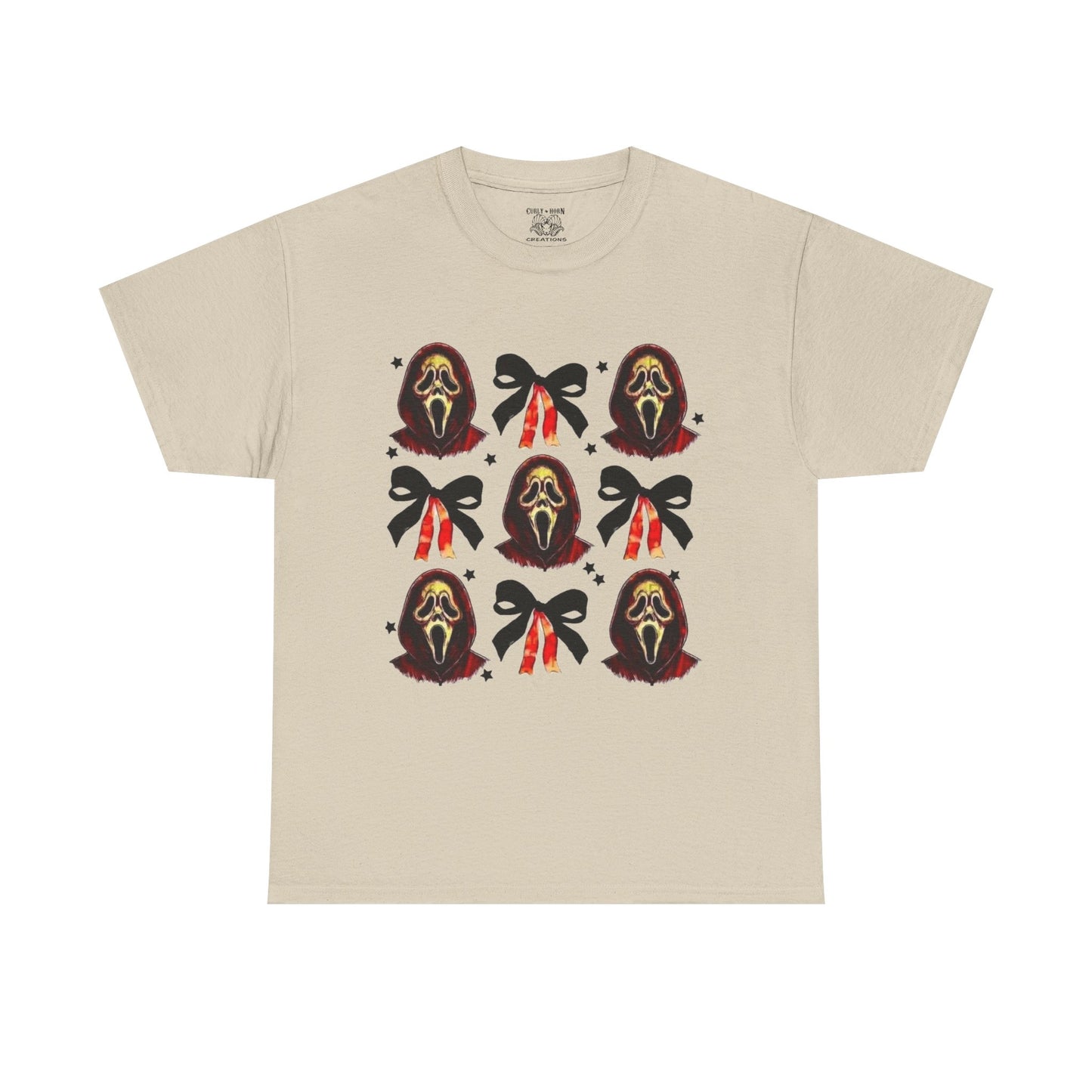Ghost Face with Bows Design, Fun Graphic Tee, Gift for Him/Her, Casual Wear, Holiday Apparel, Statement Shirt